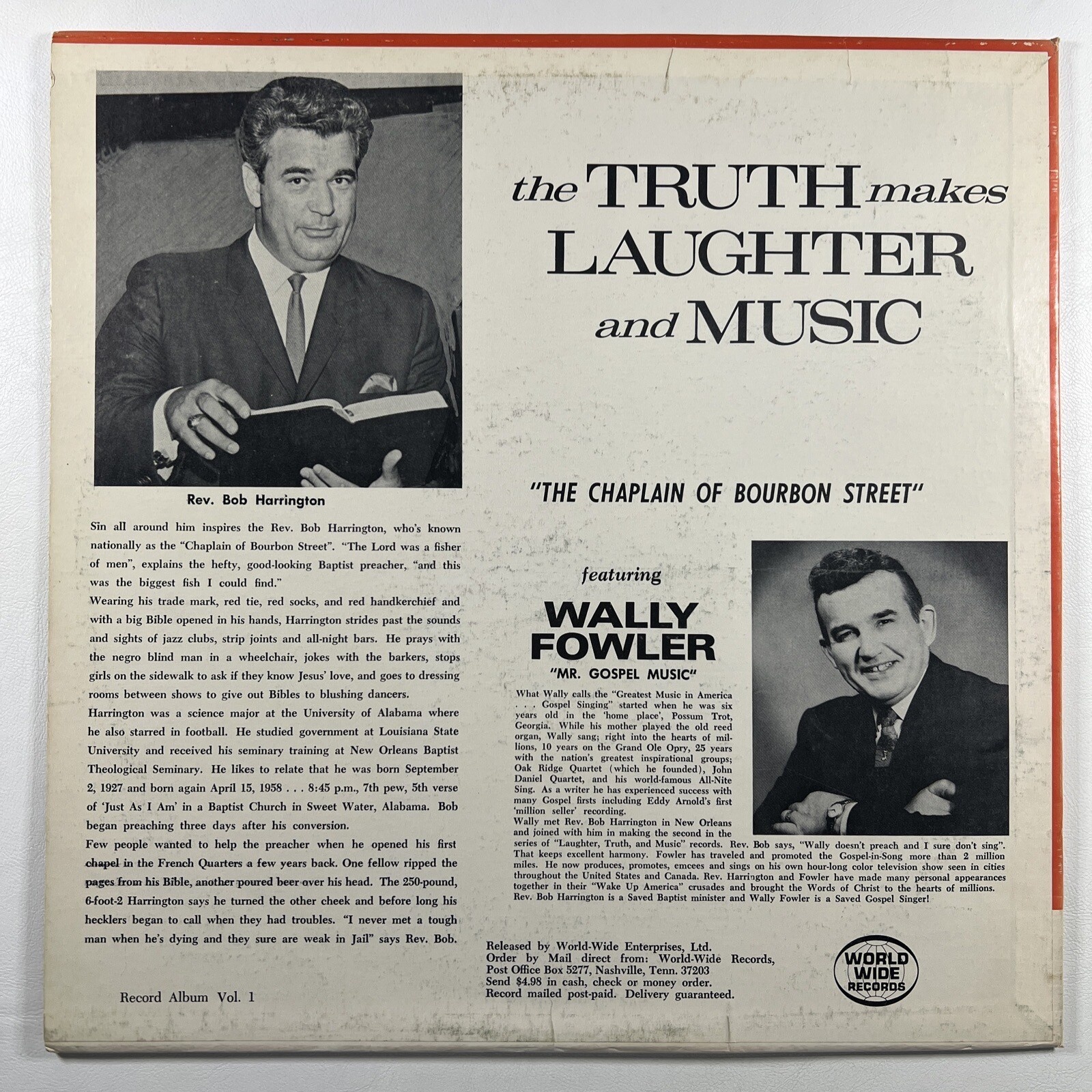 Bob Harrington Feat/Wally Fowler - “The Truth Makes Laughter & Music” LP (EX) - Image 2
