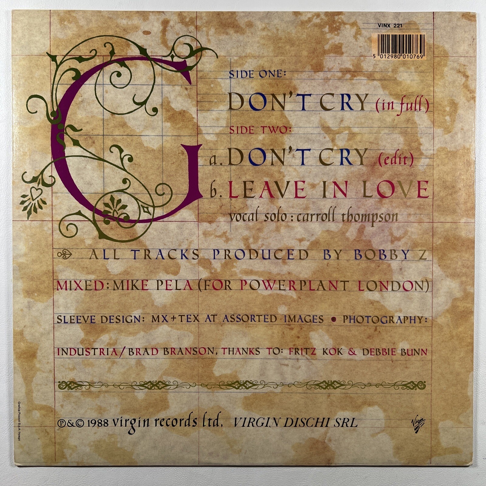 Boy George “Don't Cry/Leave In Love” Single 12”/Virgin VINX 221 (EX) UK 1988 - Image 2