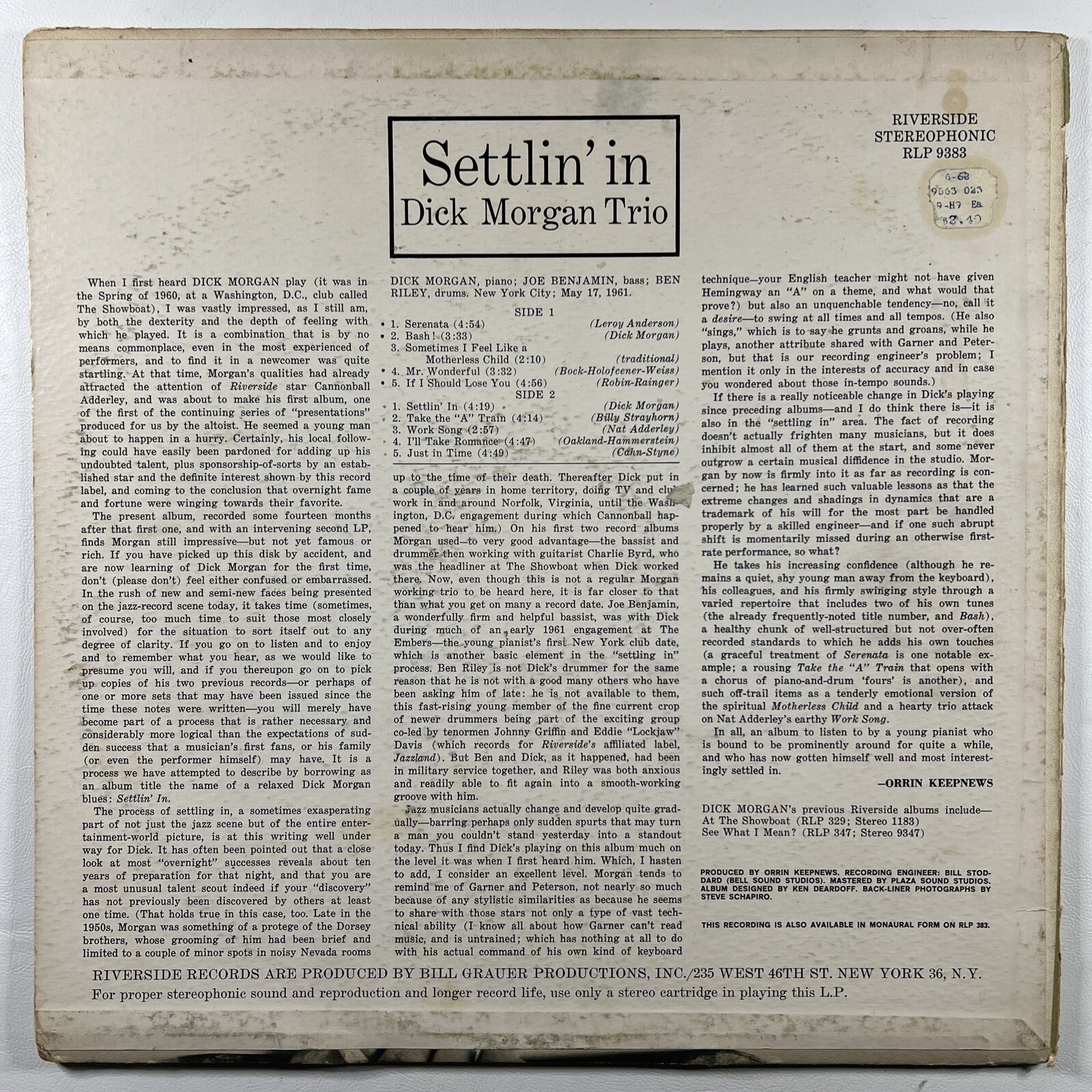 Dick Morgan Trio “Settlin’ In’” LP/Riverside RLP 383 (VG+) Stereo 1961 - Image 2