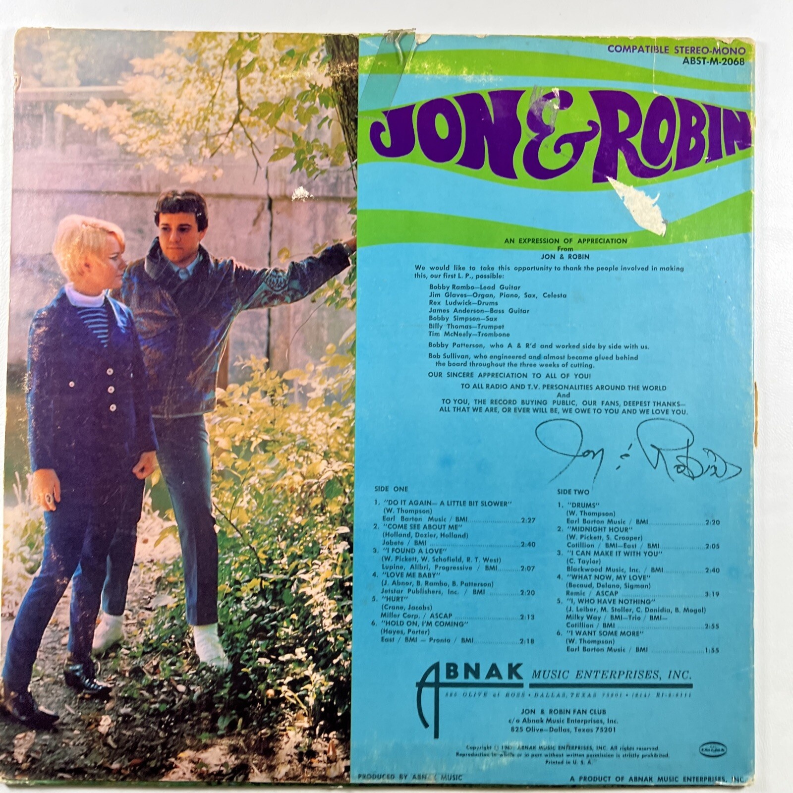 JON & ROBIN “The Soul Of A Boy & Girl” LP/Abnak Records ABST-M-2068 (VG+) - Image 2