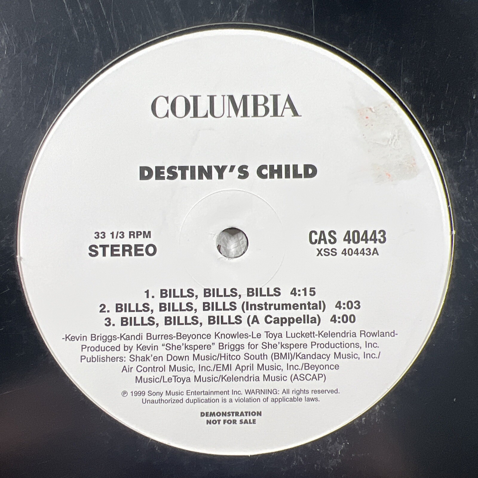 Destinys Child “Bills, Bills, Bills” LP/12” Single CAS 40443 (EX) White Lb Promo
