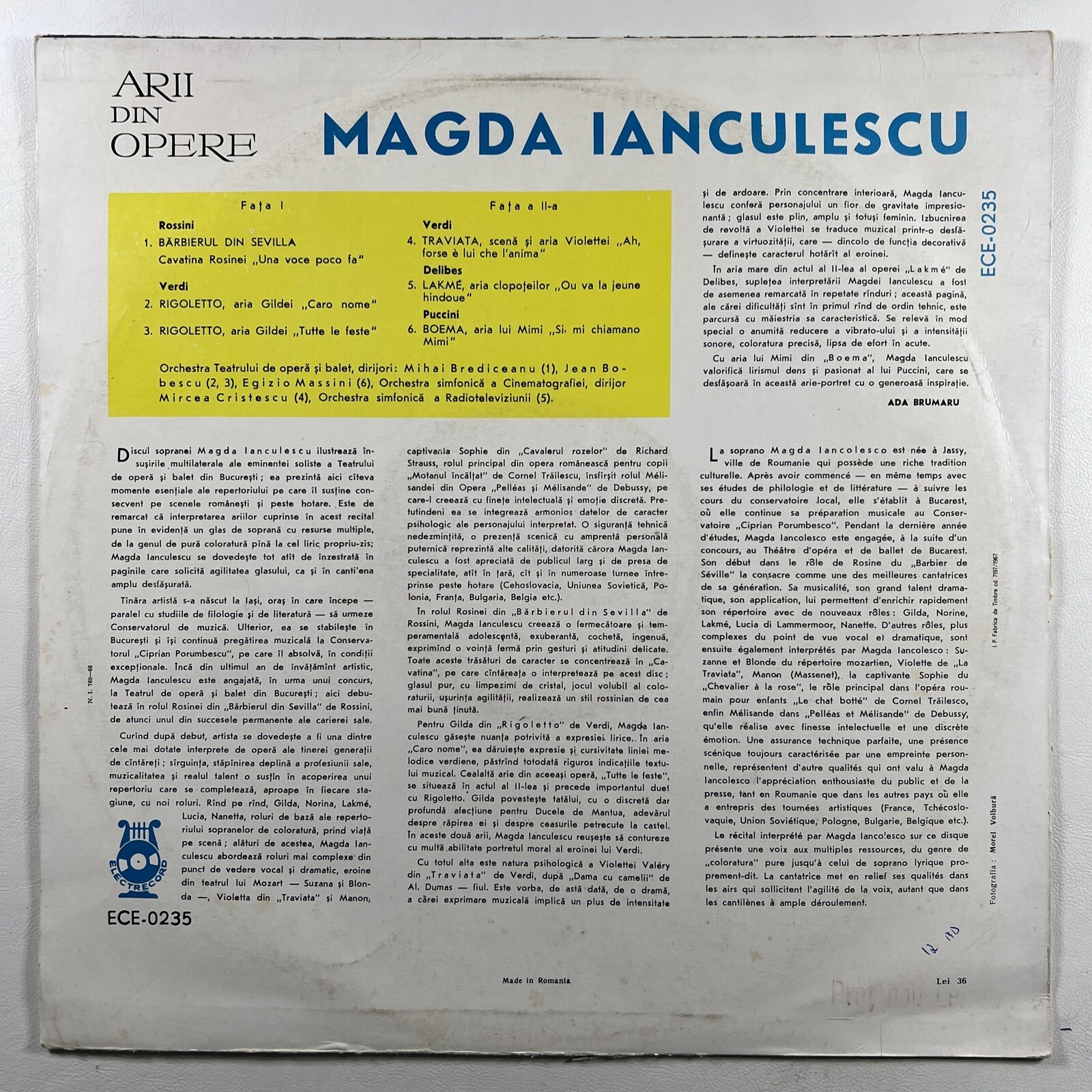 Magda Ianculescu “Arii Din Opere” LP/Electrecord ECE-0235 (VG+) Romania - Image 2
