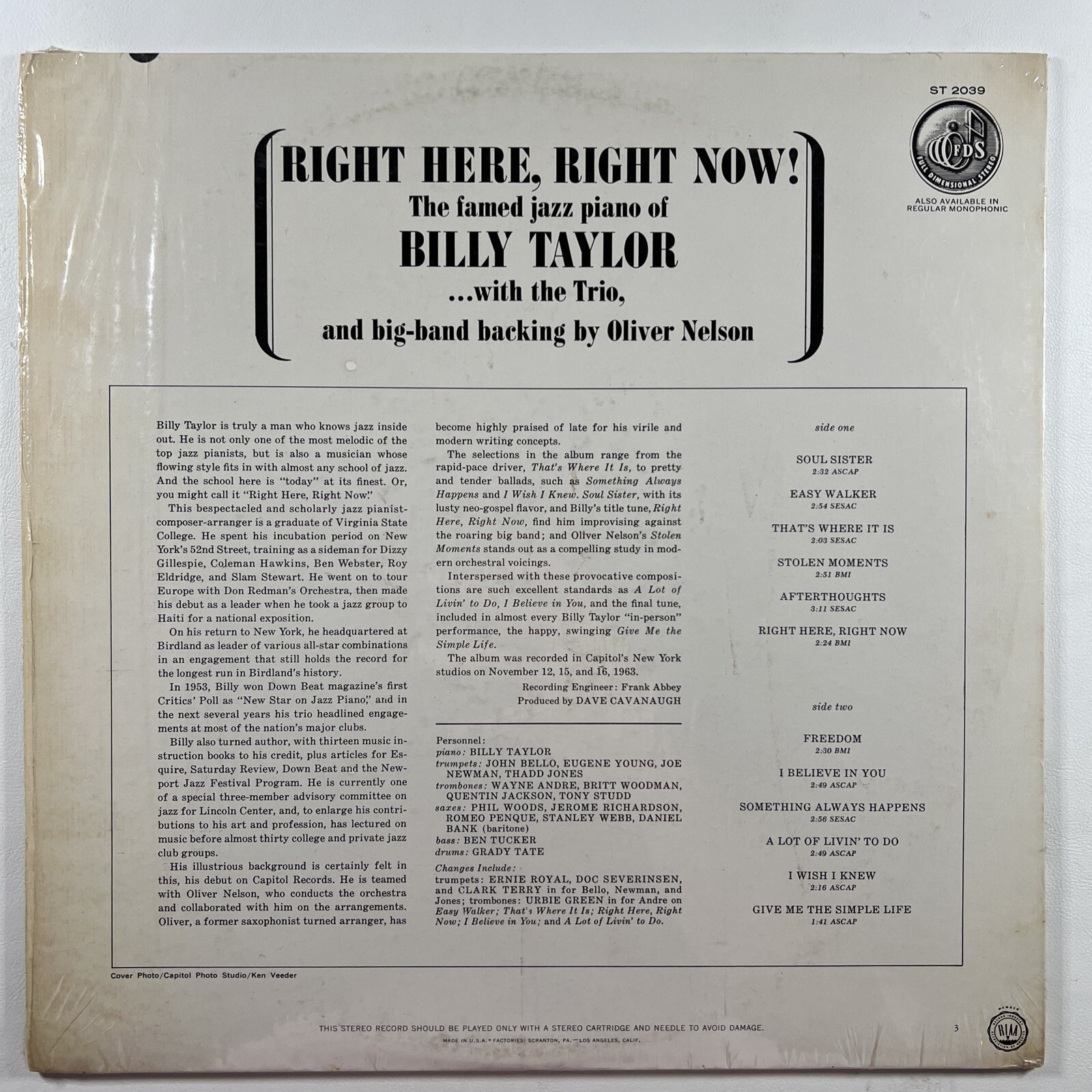Billy Taylor “Right Here, Right Now” LP/Capitol ST-2039 (VG+) 1964 Shrinkwrap - Image 2