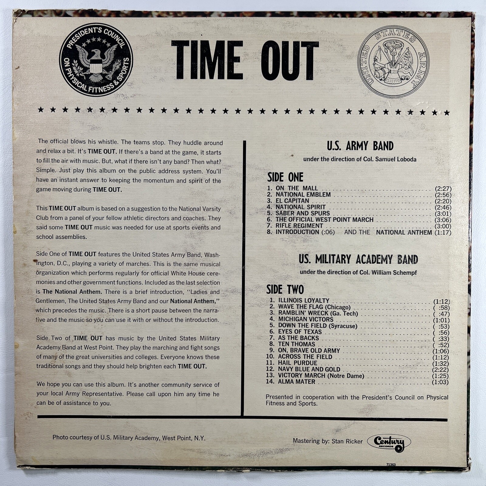 U.S. Army West Point U.S. Military Bands Time Out” LP/Century 71364 (VG+) - Image 2
