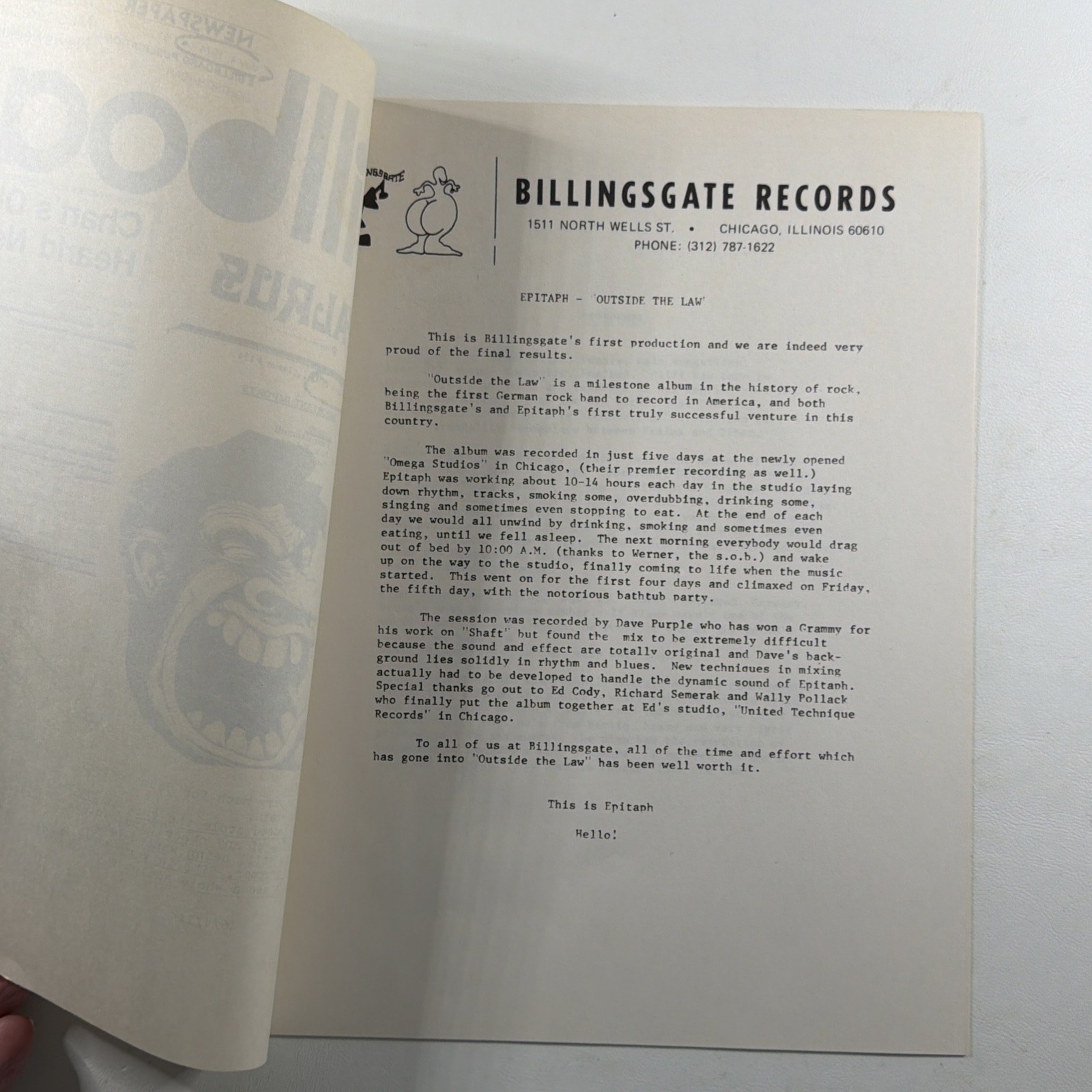 Epitaph – Outside The Law LP Billingsgate BG-1009 EX 1974 Gatefold - Image 6