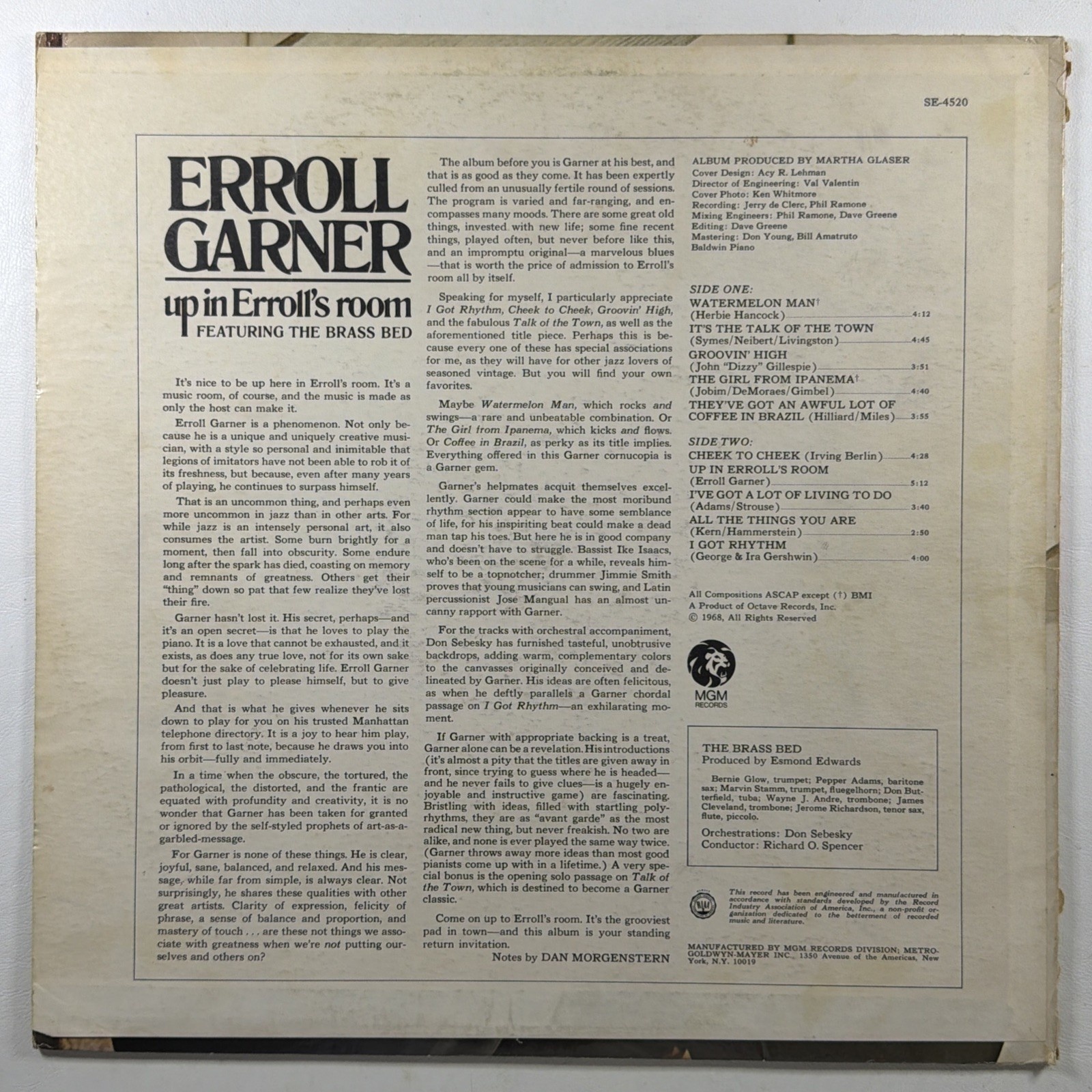 Erroll Garner - Up In Erroll's Room LP MGM Records SE-4520 VG+ Promo Mono 1968 - Image 2