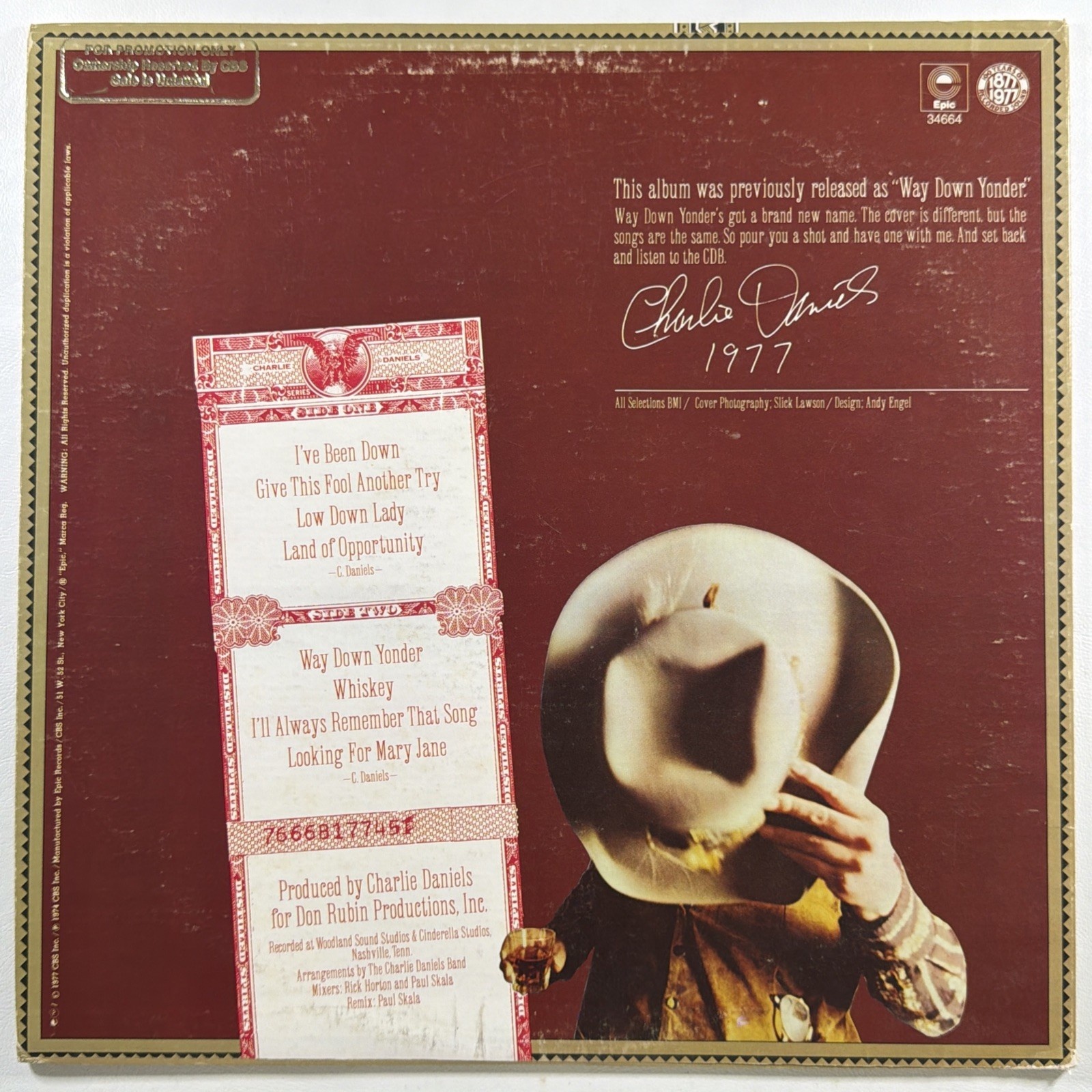The Charlie Daniels Band - Whiskey LP Epic Records PE 34664 NM White Promo 1977 - Image 2