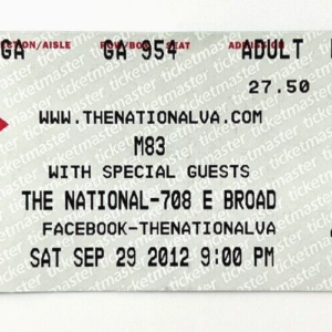 M83 Ticket Stub Sept 29, 2012 at The National Mechanicsville, VA Electropop
