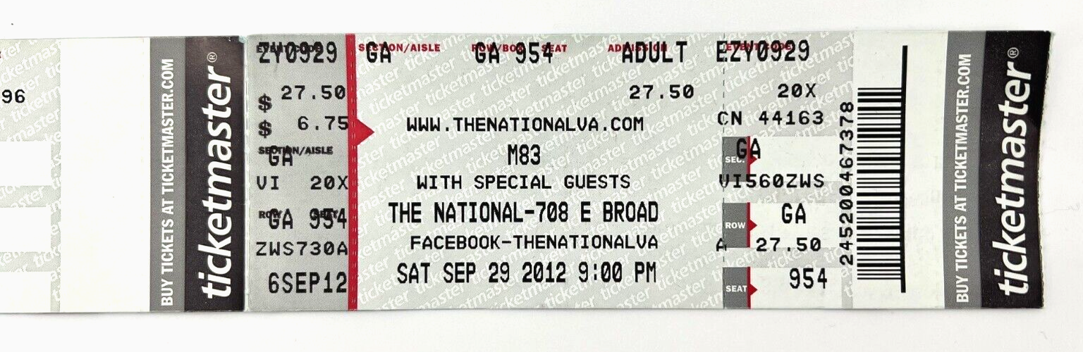 M83 Ticket Stub Sept 29, 2012 at The National Mechanicsville, VA Electropop