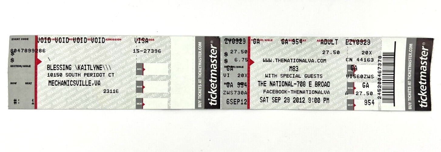 M83 Ticket Stub Sept 29, 2012 at The National Mechanicsville, VA Electropop - Image 2