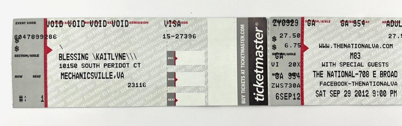 M83 Ticket Stub Sept 29, 2012 at The National Mechanicsville, VA Electropop - Image 3