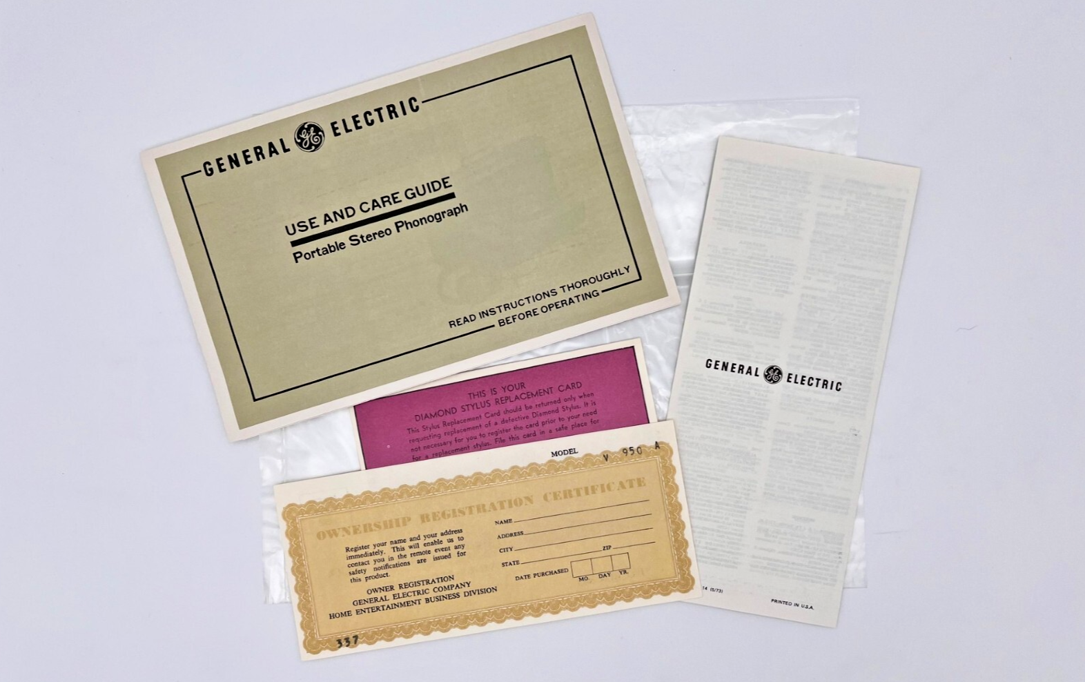 General Electric Portable Stereo Phonograph Model V950A User Guide/Owner Papers