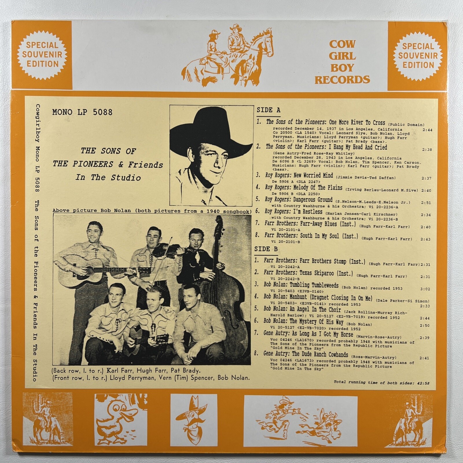 Sons Of The Pioneers And Friends In The Studio LP/Cowgirlboy 5088 (NM) 1993