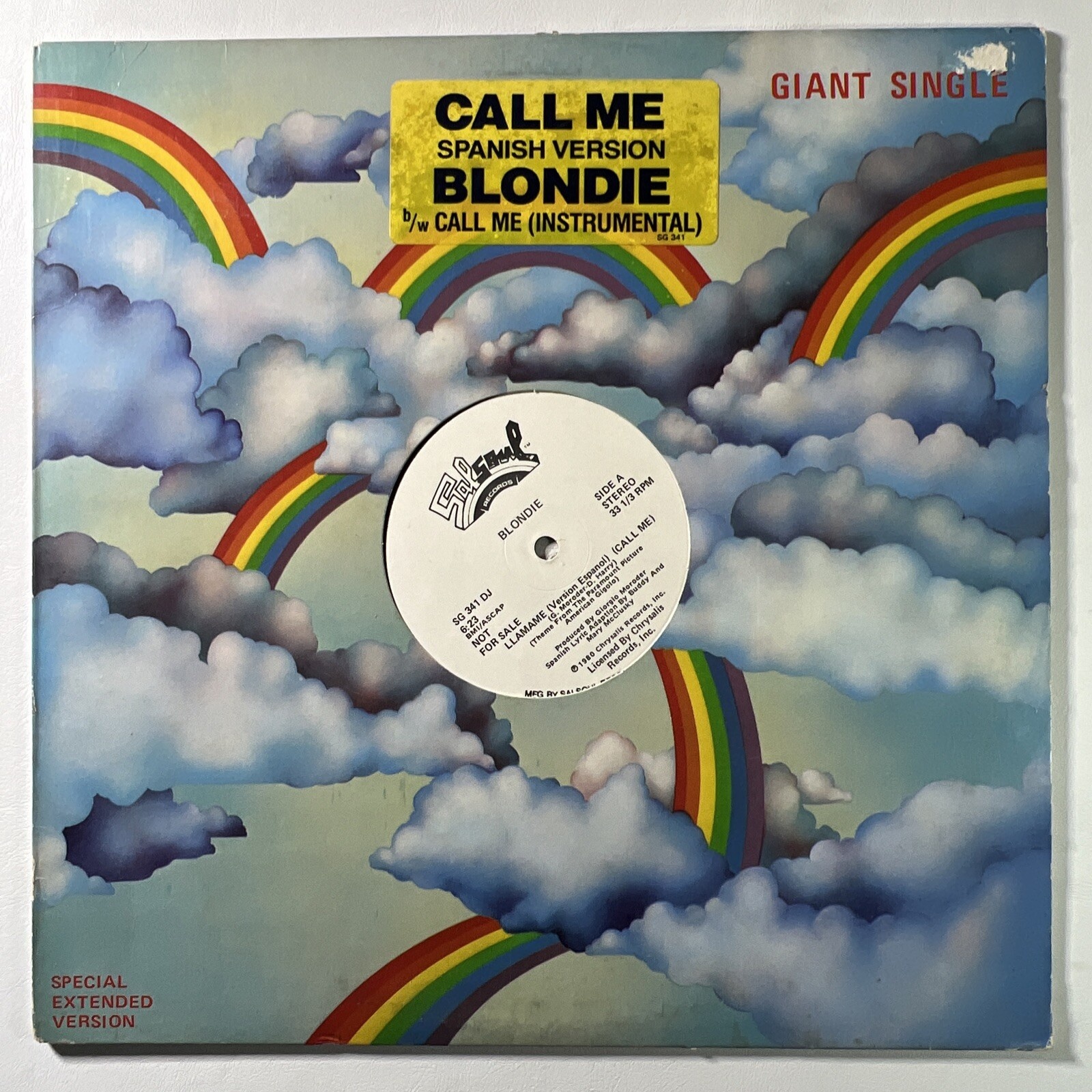 Blondie “Call Me” White Lbl. DJ Promo Single/SG341 (EX) Spanish Hype Stick. RARE