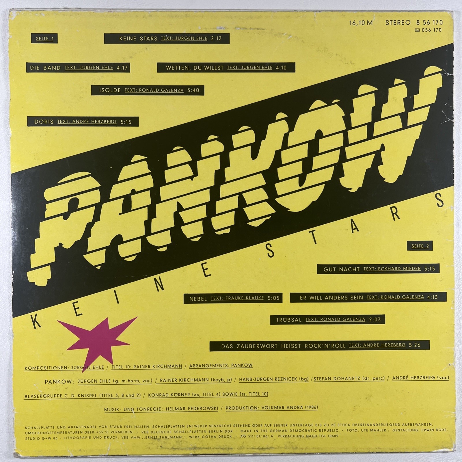 Pankow - Keine Stars LP Amiga 8 56 170 EX Germany 1986 Pop Rock - Image 2