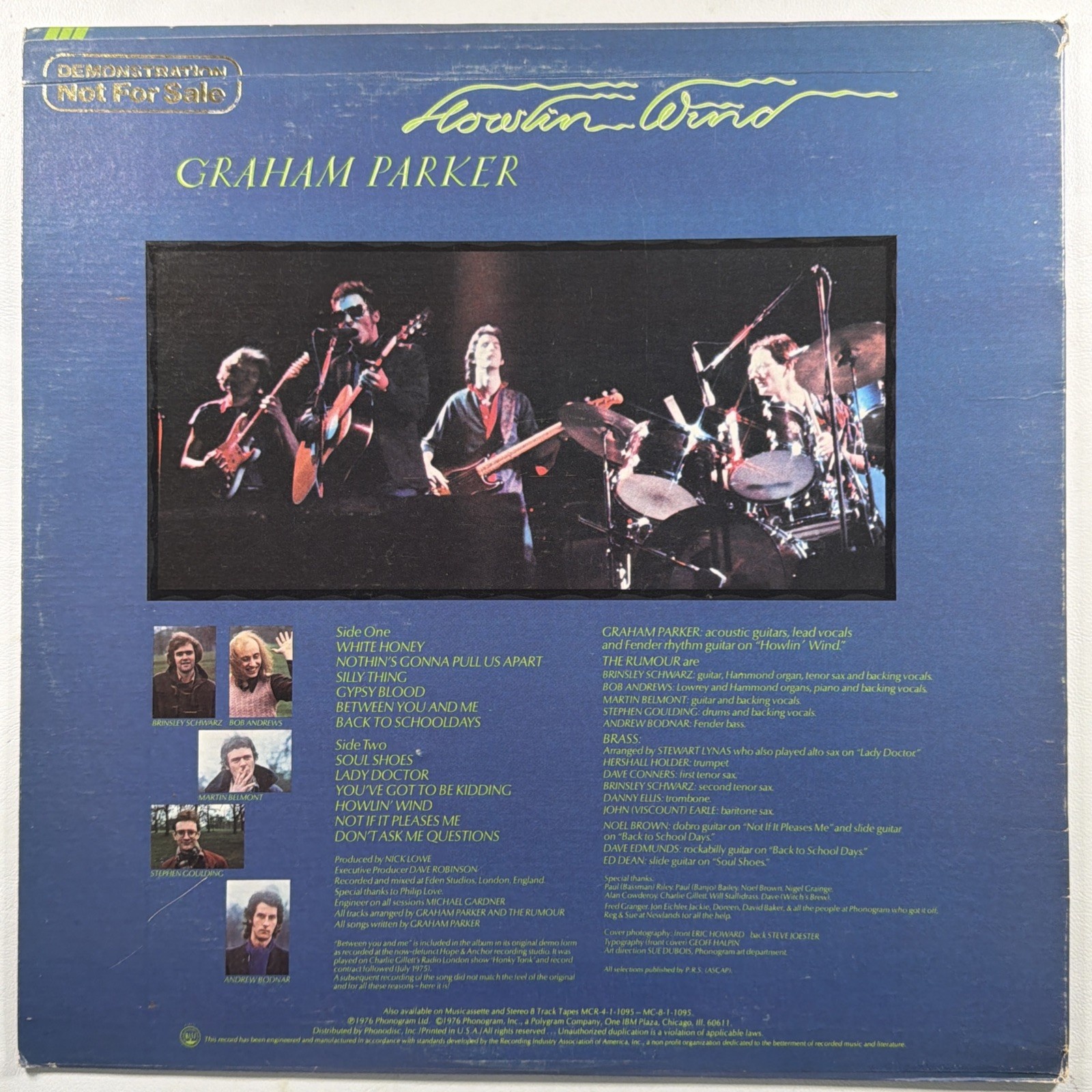 Graham Parker & The Rumour - Howlin’ Wind LP Mercury SRM-1-1095 EX 1976 Promo - Image 2