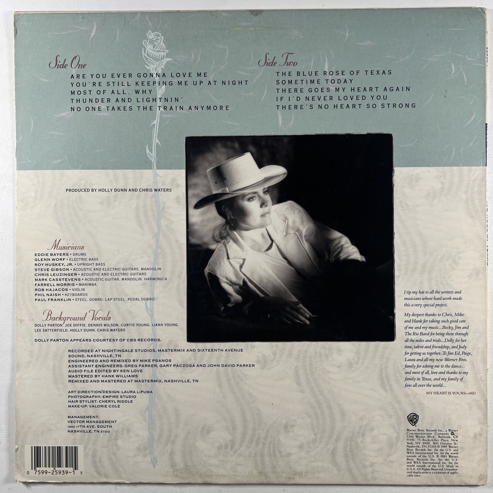 Holly Dunn - The Blue Rose of Texas LP Warner Bros. 25939 EX Promo 1989 Country - Image 2