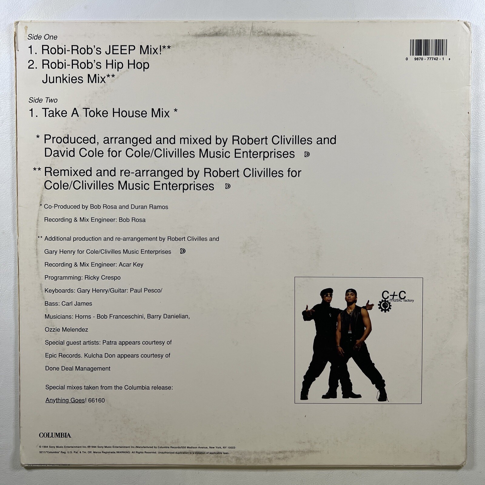 C + C Music Factory -Take A Toke (The Remix) Single 12” Columbia 4477742 VG+ - Image 2