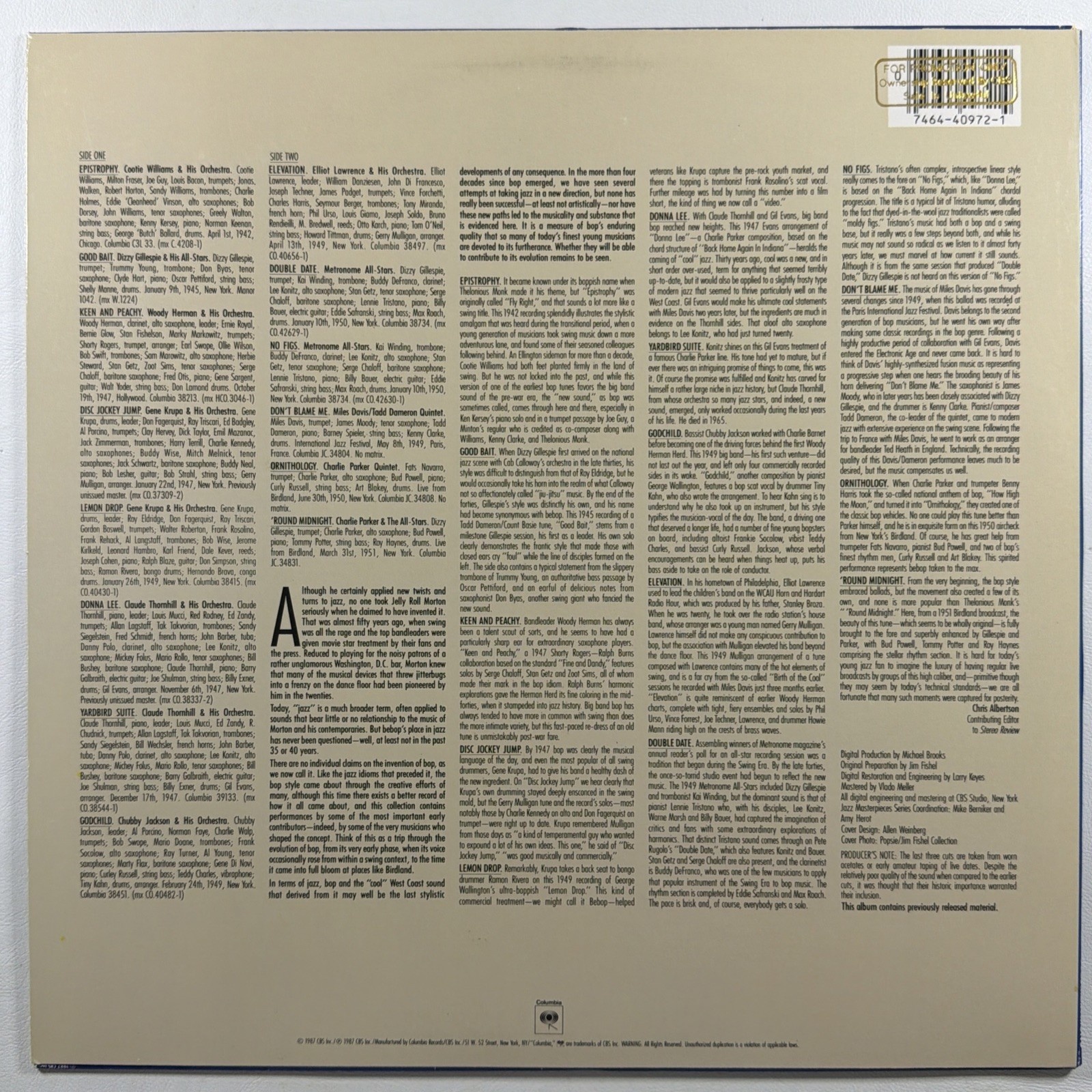 Various - The Bebop Era LP Columbia Jazz CJ 40972 NM 1987 Promo Miles Davis - Image 2