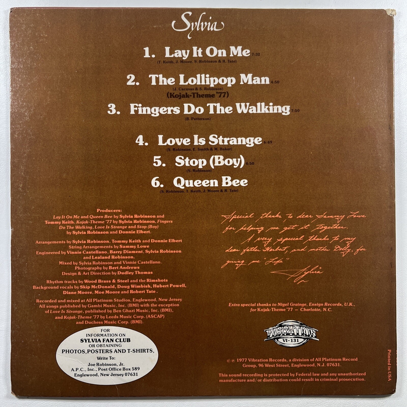 Sylvia - Lay It On Me LP Vibration Records V1-131 NM 1977 - Image 2