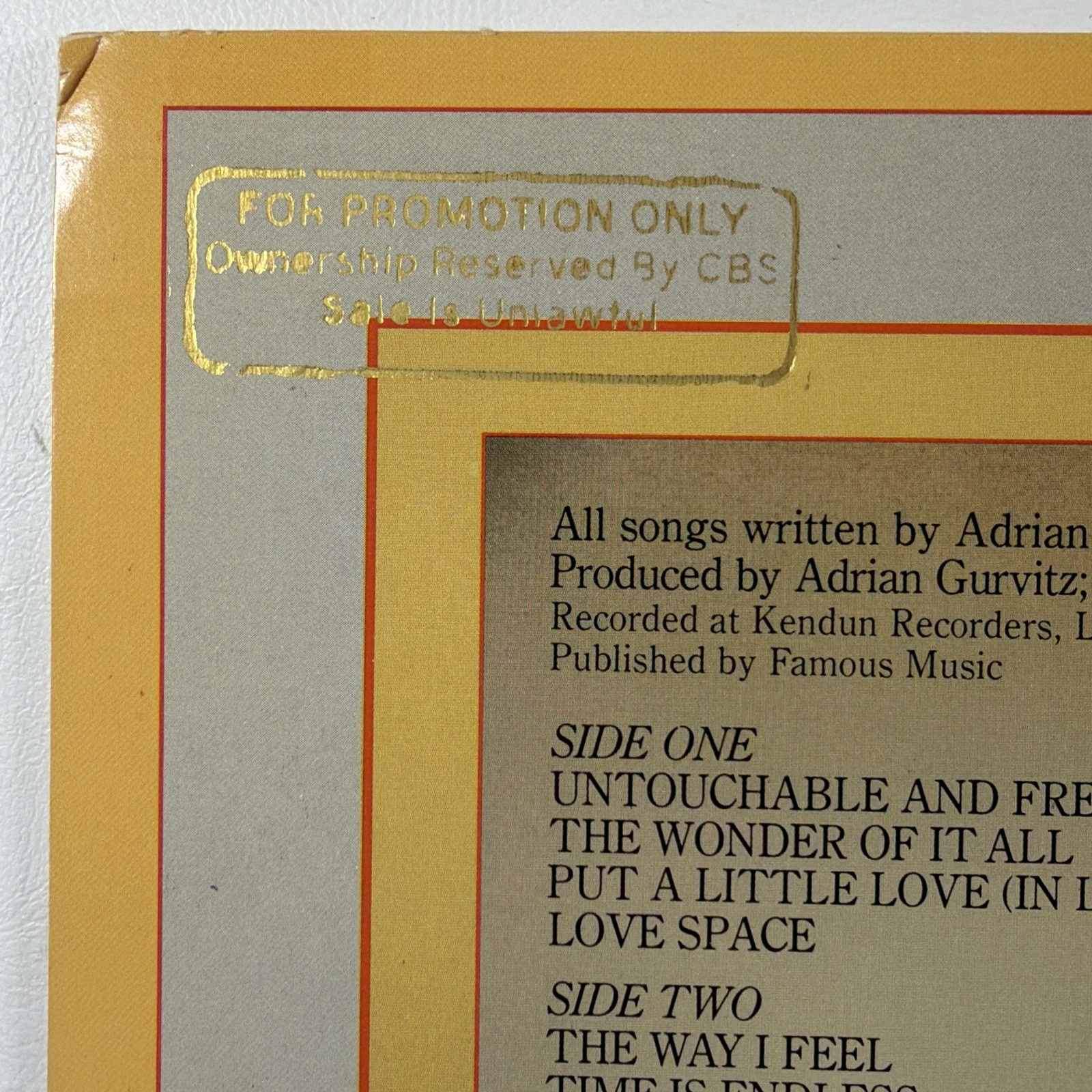 Adrian Gurvitz - Sweet Vendetta LP Jet Records JZ35782 EX 1979 White Promo - Image 3