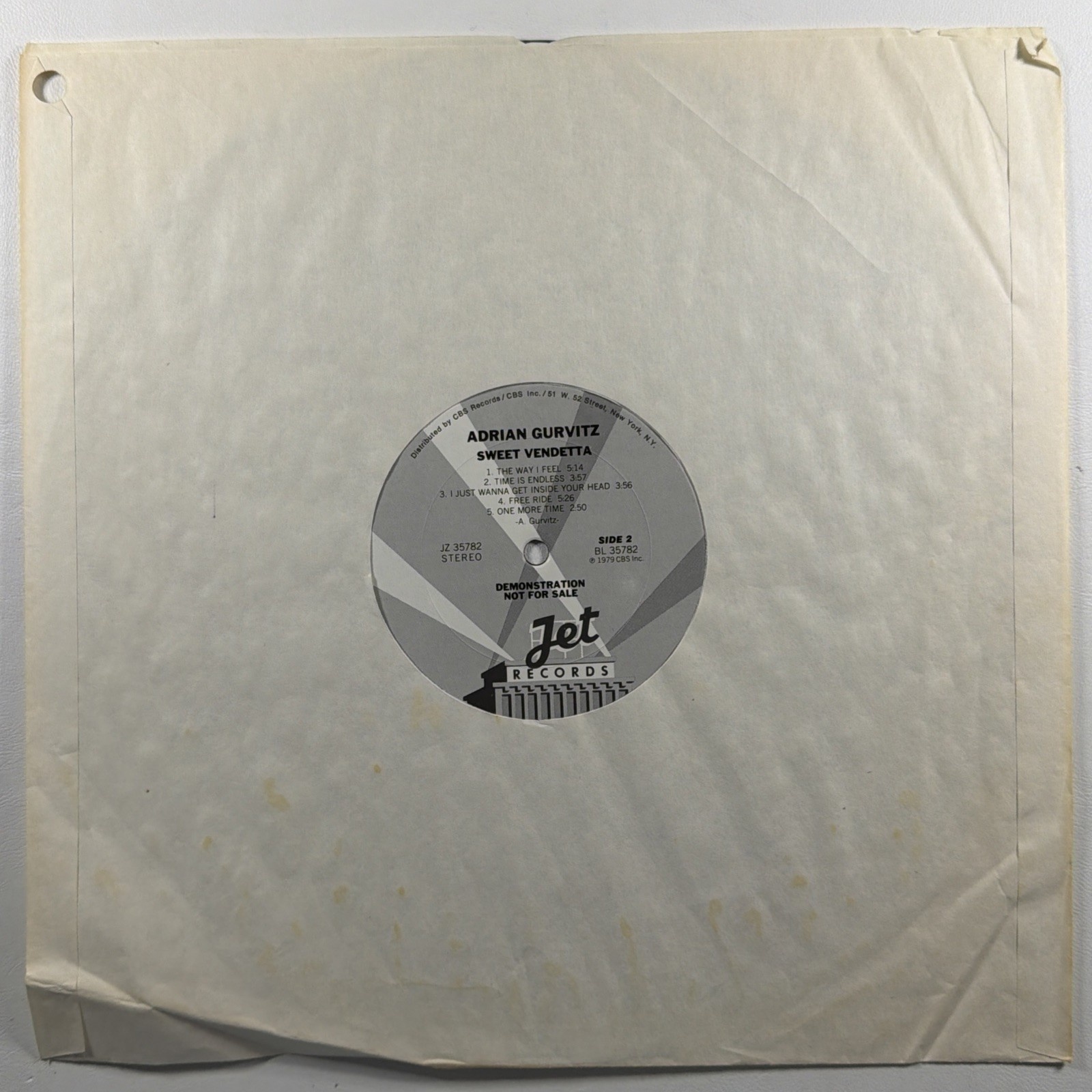 Adrian Gurvitz - Sweet Vendetta LP Jet Records JZ35782 EX 1979 White Promo - Image 4