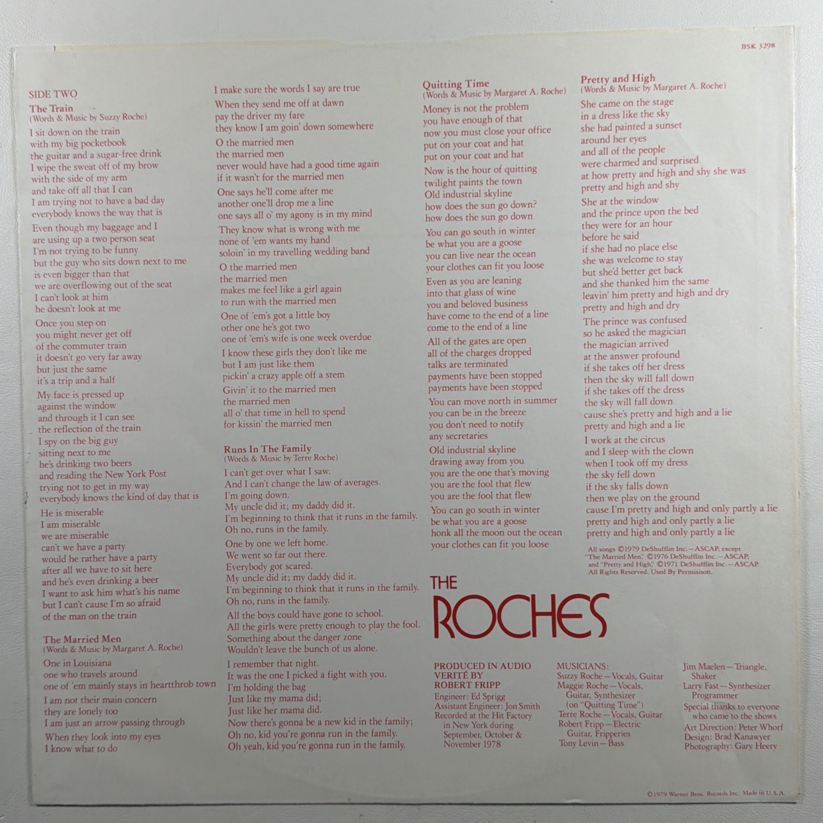 The Roches - Self Titled LP Warner Bros. BSK 3298 EX 1979 We Hammond Song - Image 6