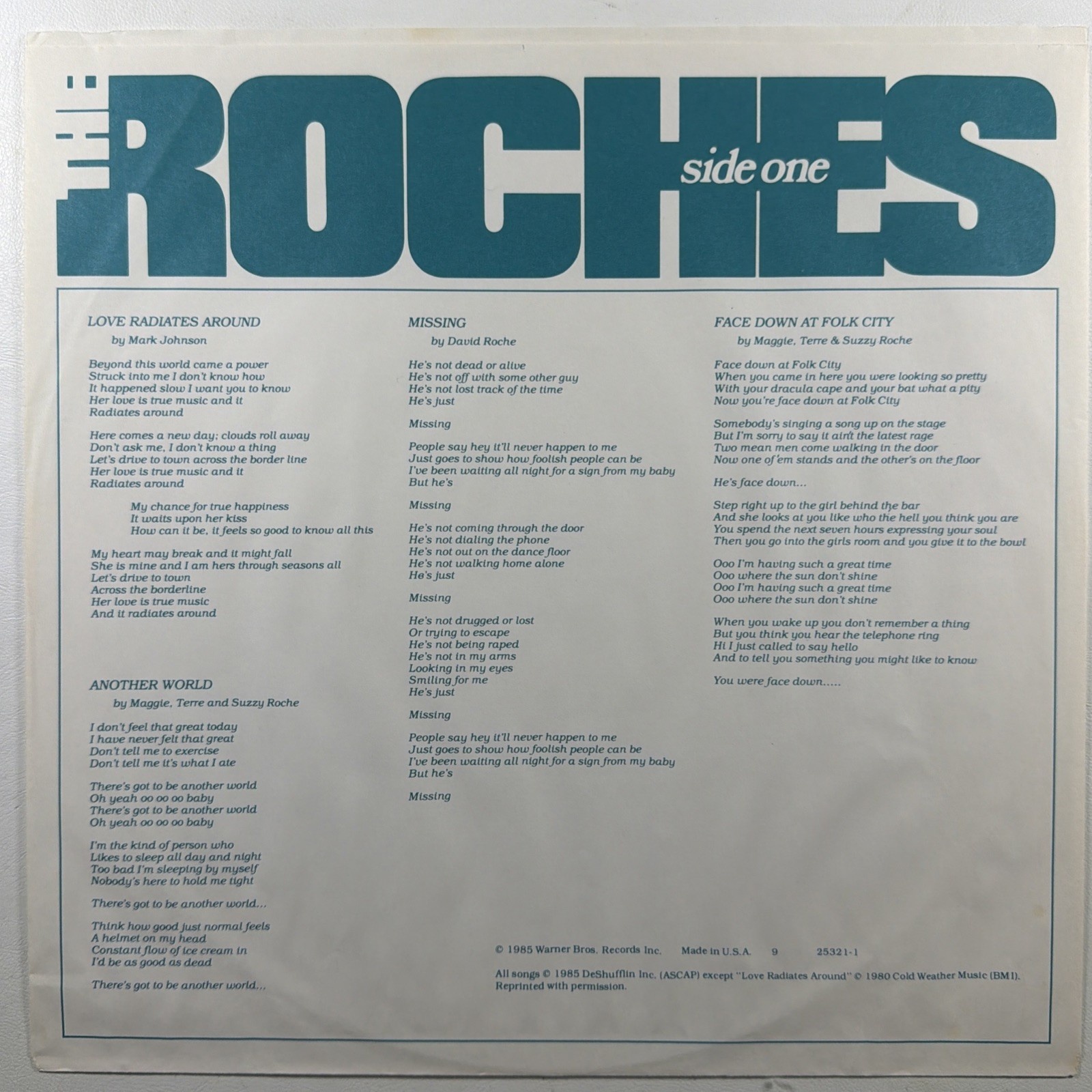 The Roches - Another World LP Warner Bros. 1-25321 EX 1985 Maggie Suzzy Terre - Image 3