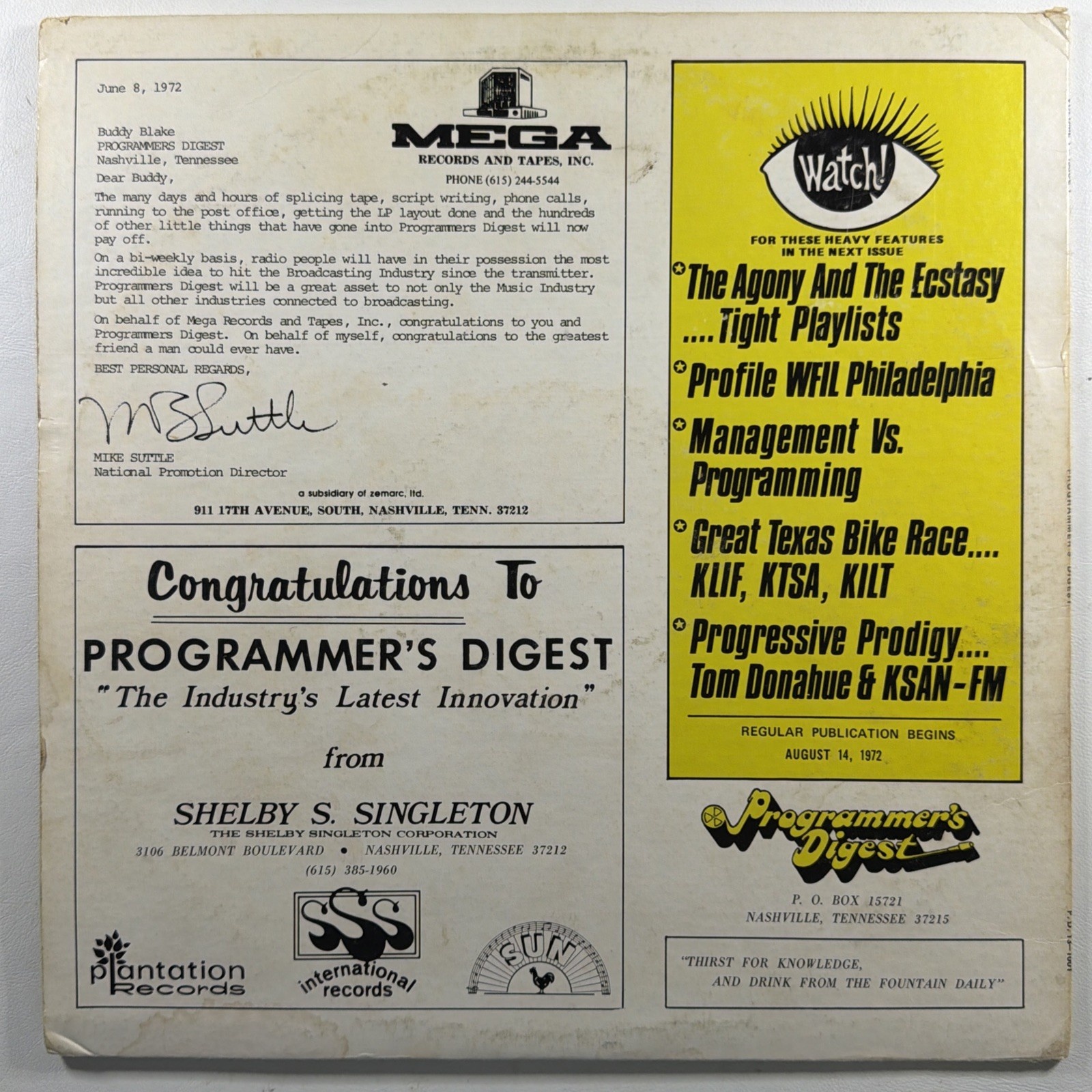 Programmer’s Digest Vol 1 Issue 1 July 10 1972 LP VG+ 1972 Promo Gatefold - Image 2