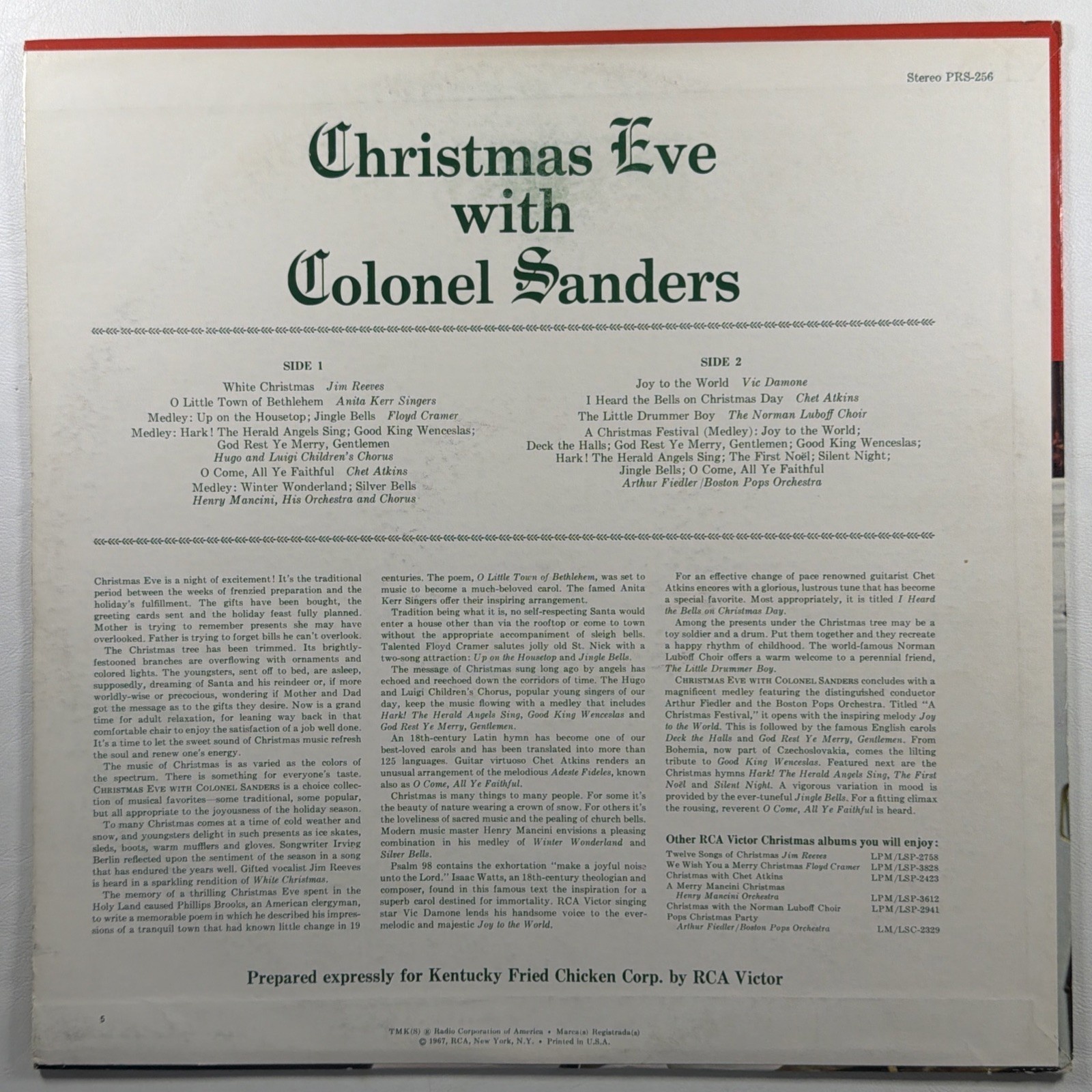 Christmas Eve w/Colonel Sanders LP RCA Victor PRA-255 EX 1967 Insert Chet Atkins - Image 2