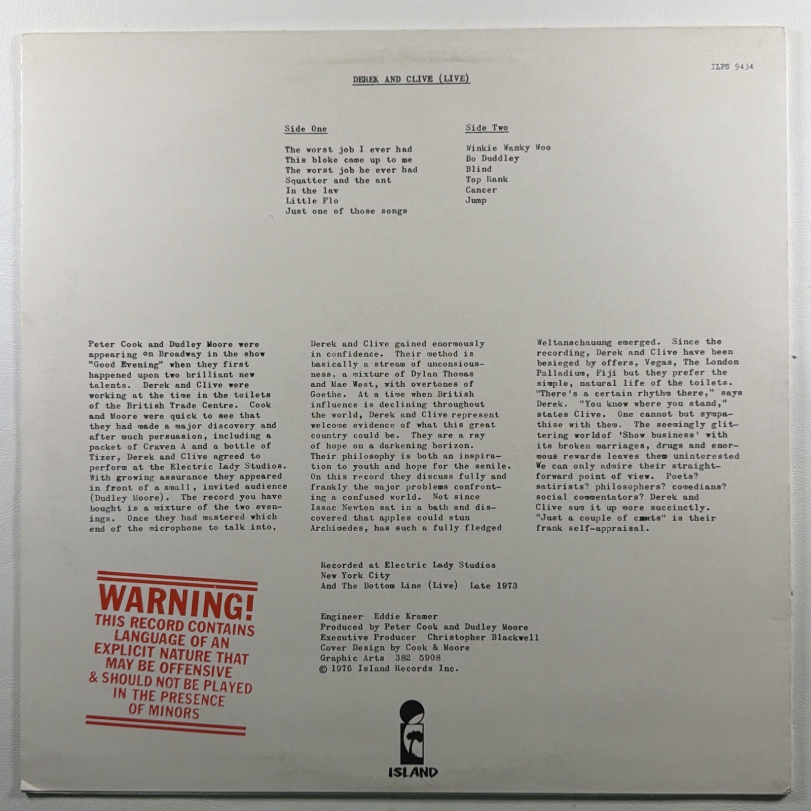 Peter Cook + Dudley Moore LP Derek And Clive (Live) Island ILPS 9434 EX 1976 - Image 2