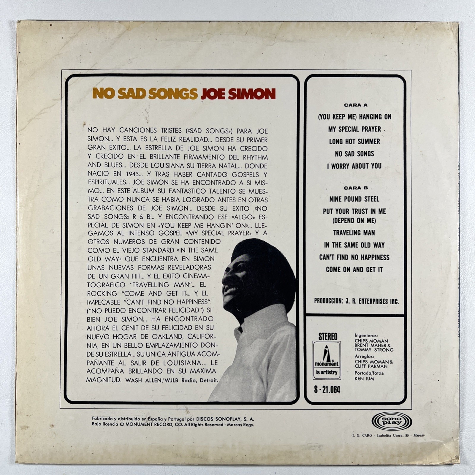 Joe Simon - No Sad Songs LP Monument S-21.064 VG+ Spain 1968 180g - Image 2