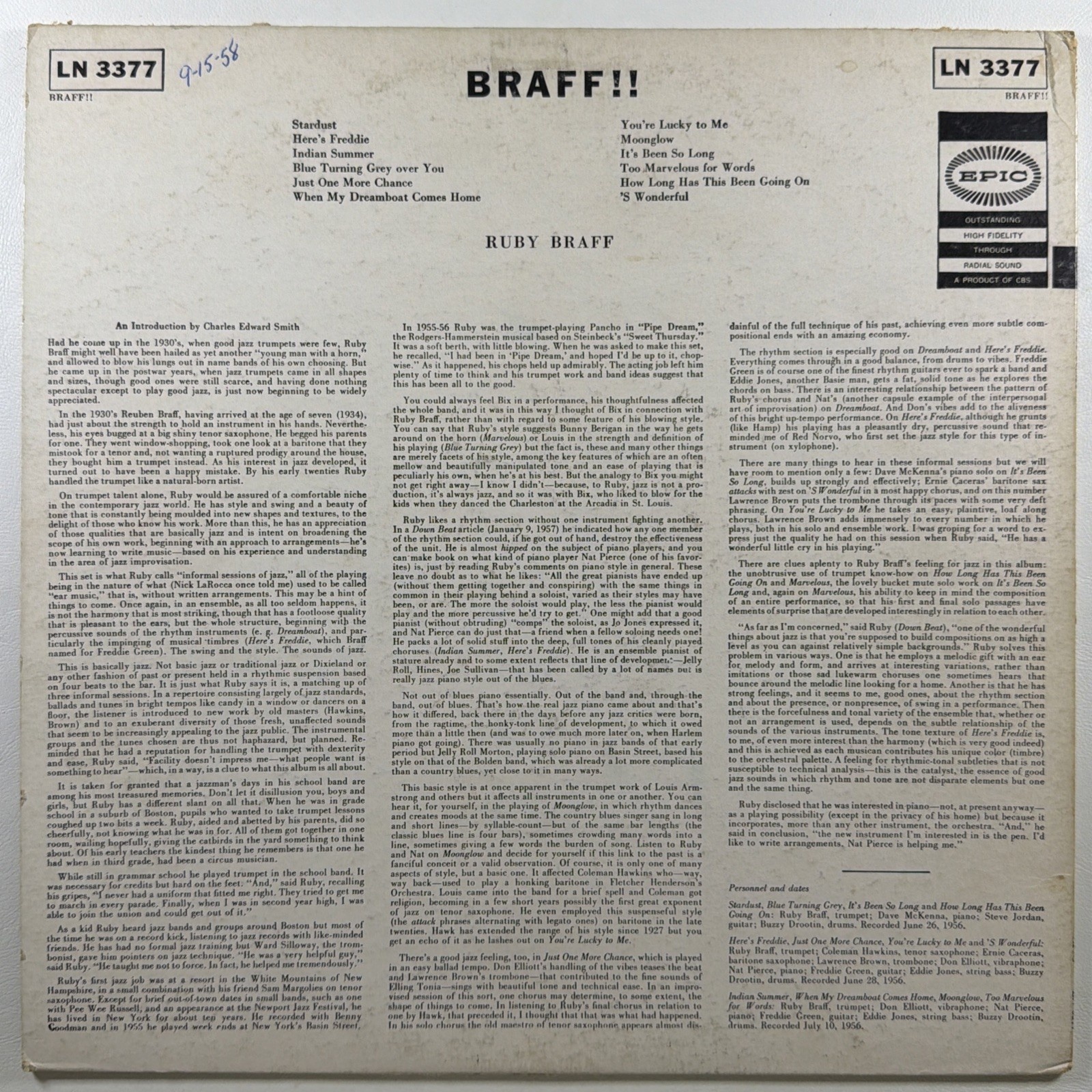 Rudy Braff - Braff! LP Epic LN 3377 EX 1957 Mono Jazz Nonbreakable - Image 2