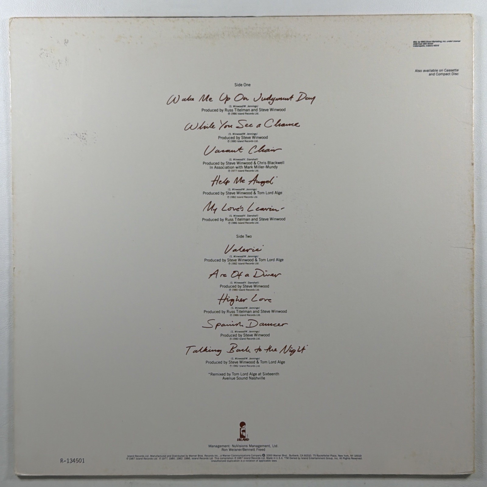 Steve Winwood - Chronicles LP Island Records 9 25666 1 VG+ 1987 Higher Love - Image 2