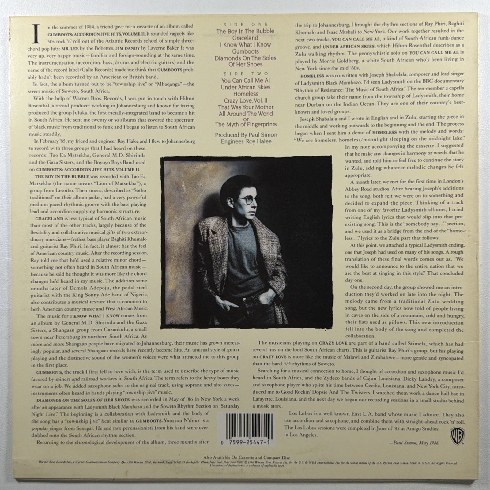 Paul Simon - Graceland LP Warner Bros 25447-1 EX 1986 You Can Call Me Al - Image 2