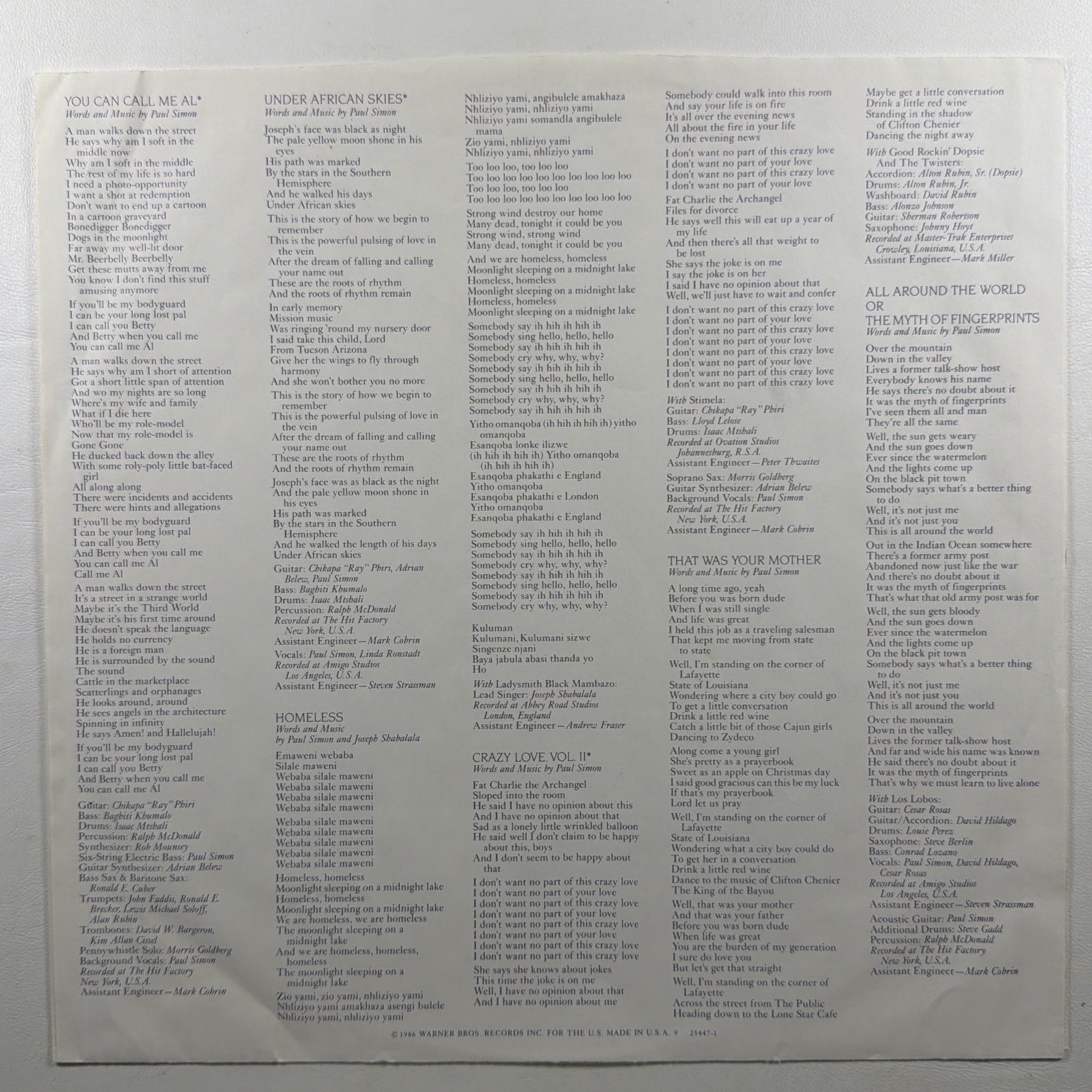 Paul Simon - Graceland LP Warner Bros 25447-1 EX 1986 You Can Call Me Al - Image 3