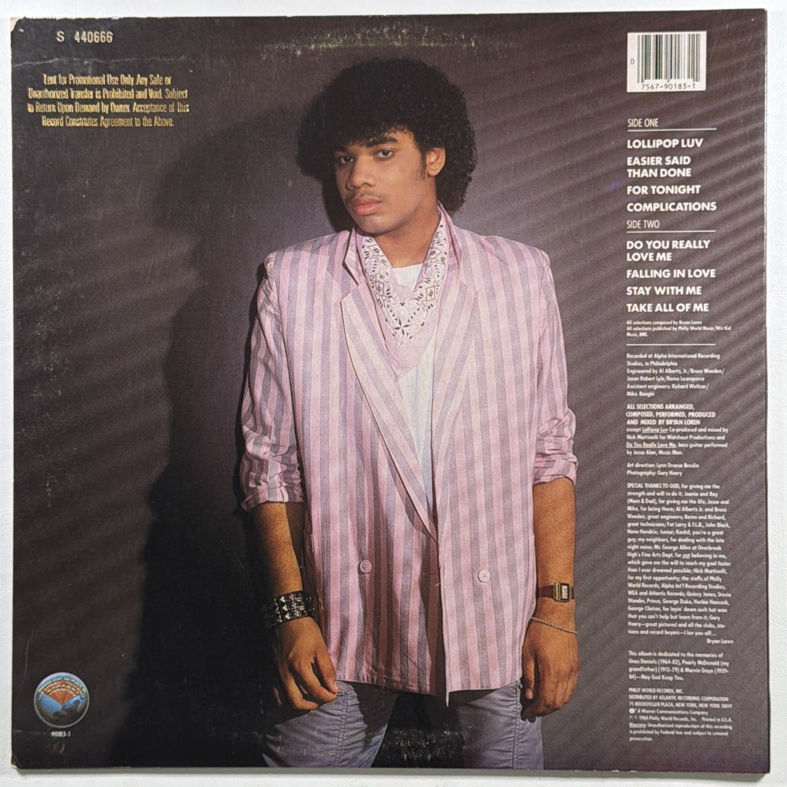Bryan Loren - Self Released LP Philly World 90183-1 NM 1984 Promo Timing Strip - Image 2
