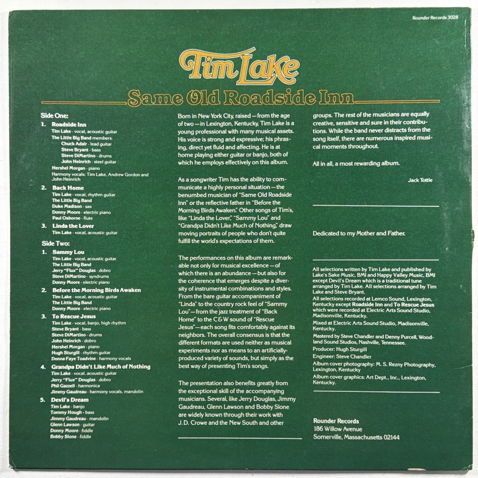 Tim Lake - Same Old Roadside Inn LP Rounder Records 3028 VG+ 1979 Promo Insert - Image 3