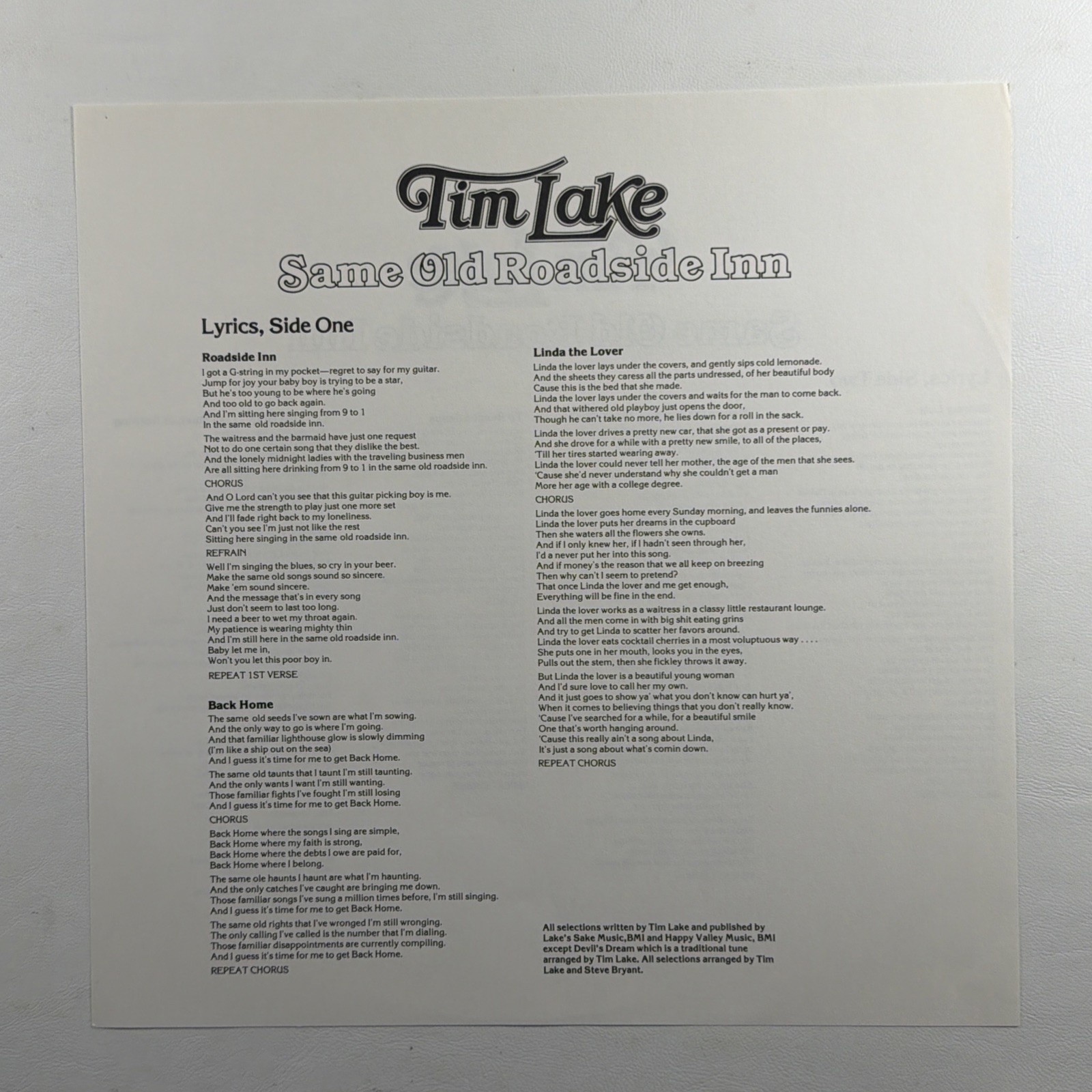 Tim Lake - Same Old Roadside Inn LP Rounder Records 3028 VG+ 1979 Promo Insert - Image 4
