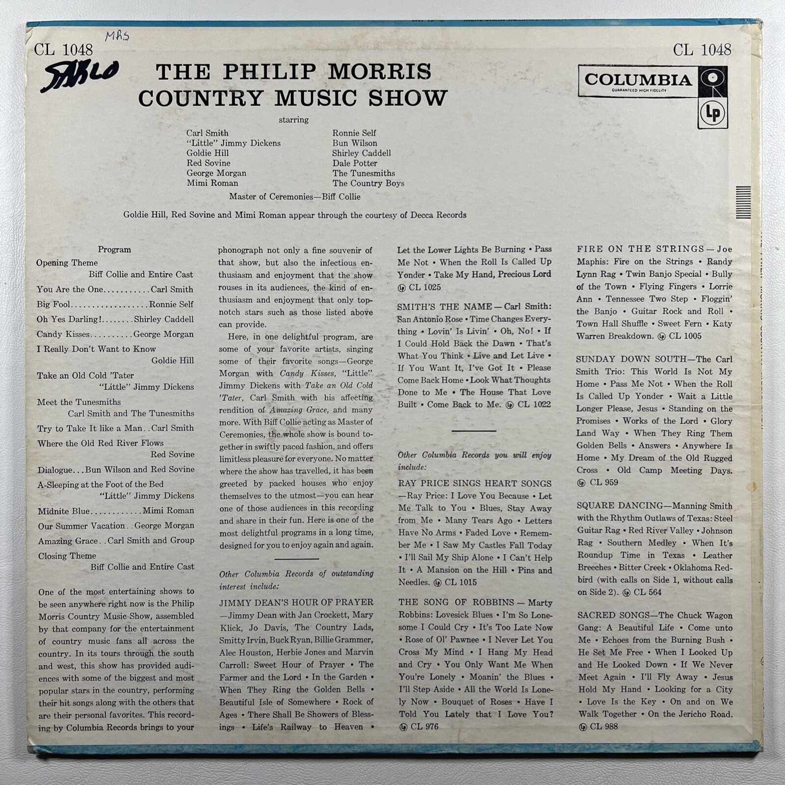 Various -The Philip Morris Country Music Show LP Columbia EX Mono White Promo - Image 2