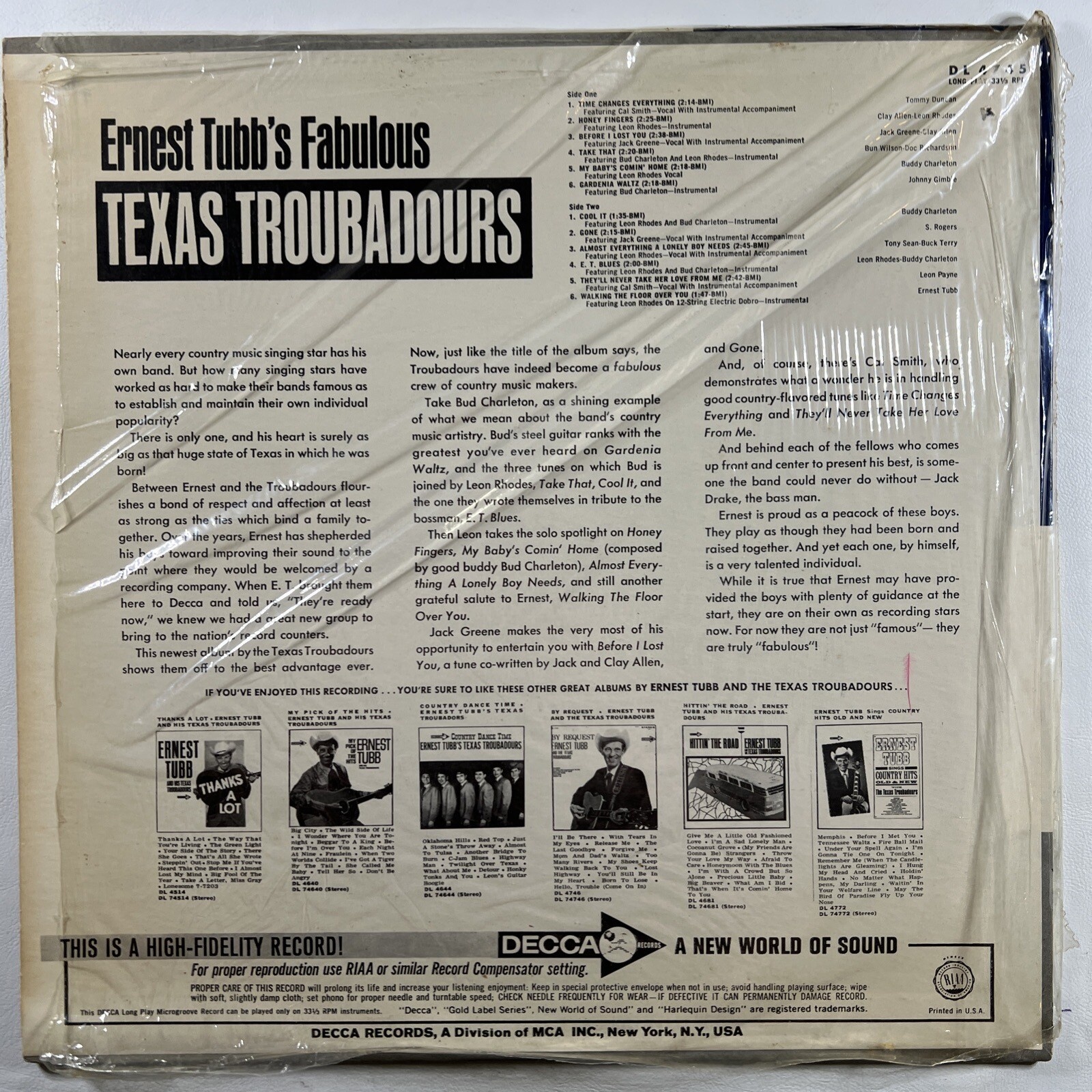 Ernest Tubb’s Fabulous Texas Troubadours LP Decca DL4745 EX Shrink Mono - Image 2