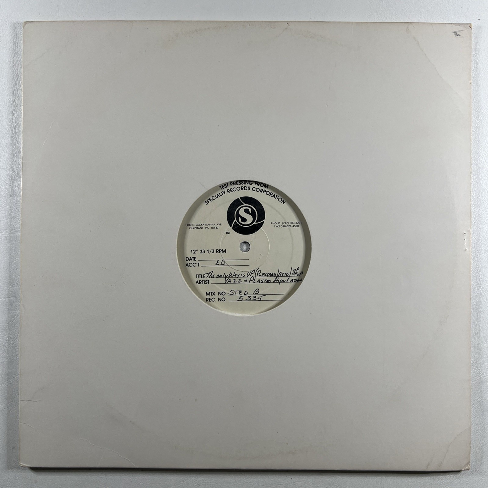 YAZZ & The Plastic Population - The Only Way Is Up TEST PRESSING EX 12" Single