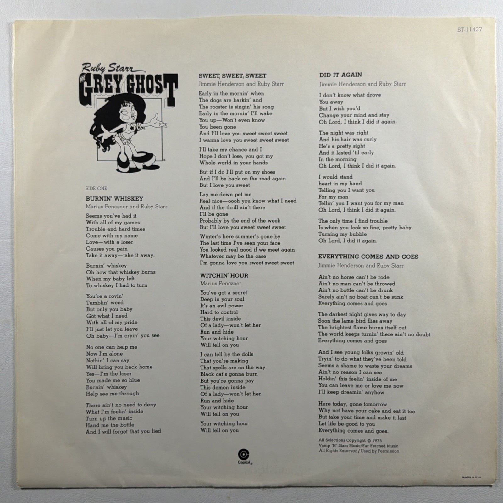 Ruby Starr And Grey Ghost LP Capitol ST-11427 VG+ 1975 - Image 3