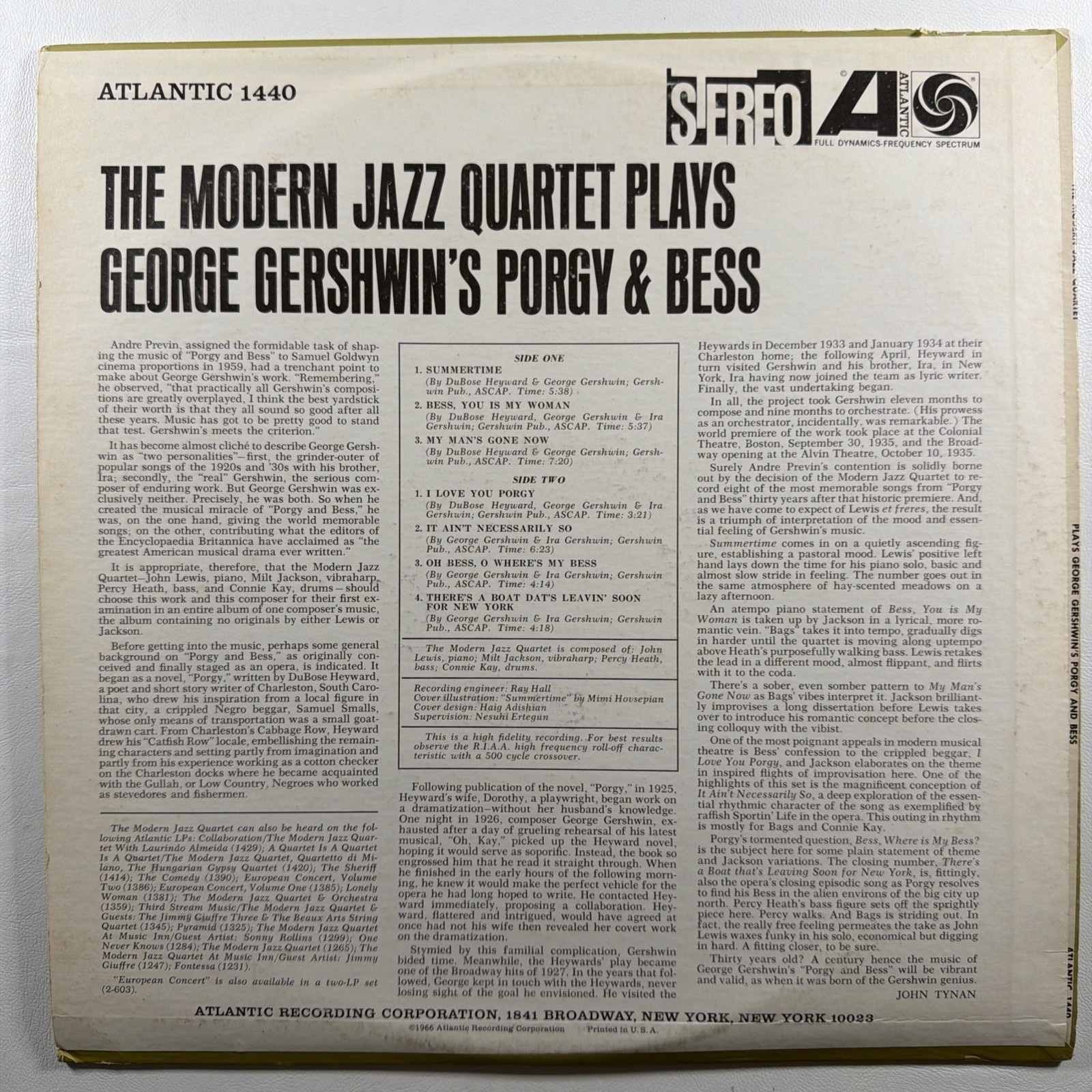 Modern Jazz Quarter - Porgy And Bess LP Atlantic SD-1440 VG+ 1966 Reissue - Image 2