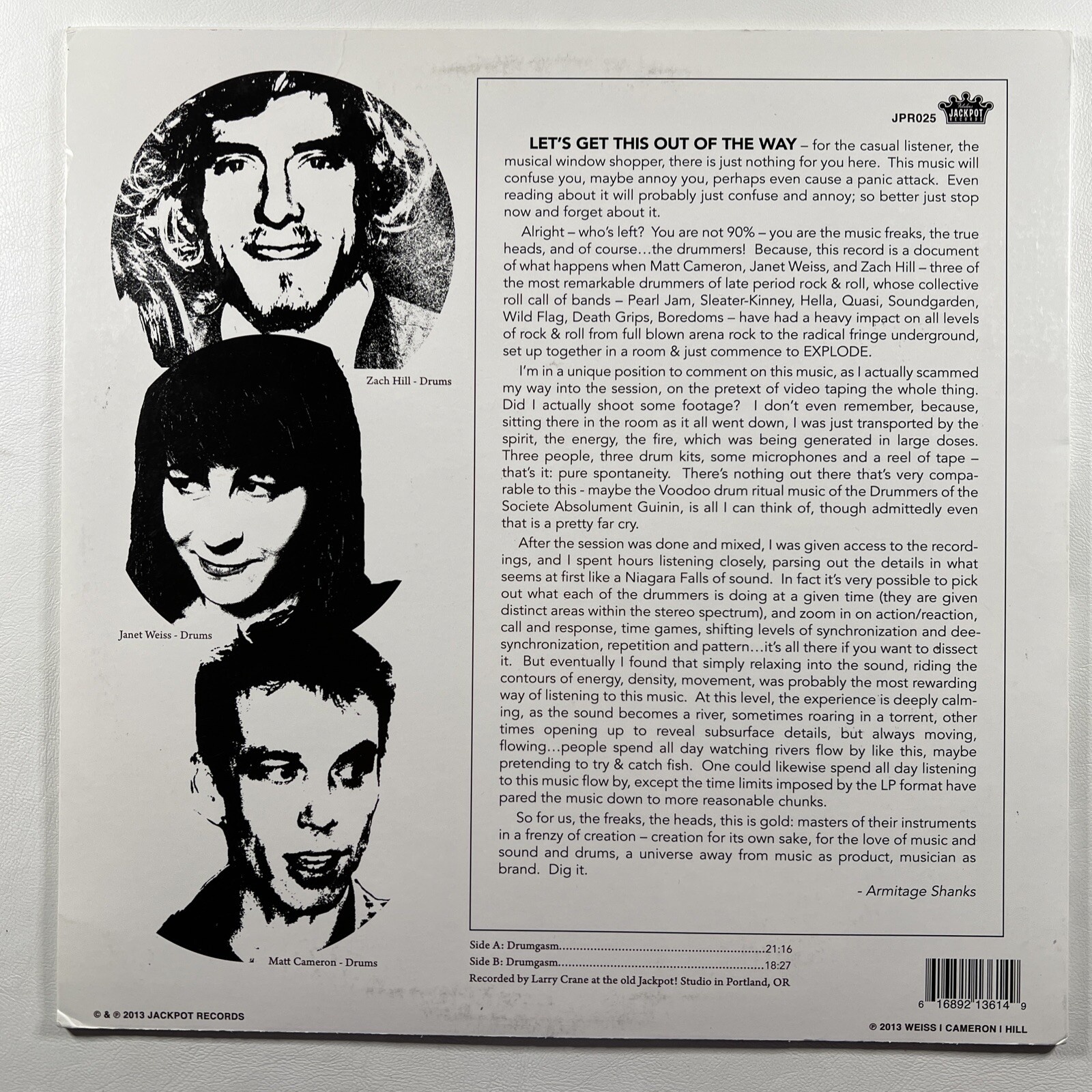 Janet Weiss, Matt Cameron & Zach Hill - Drumgasm LP Jackpot JPR025 EX 2013 - Image 2
