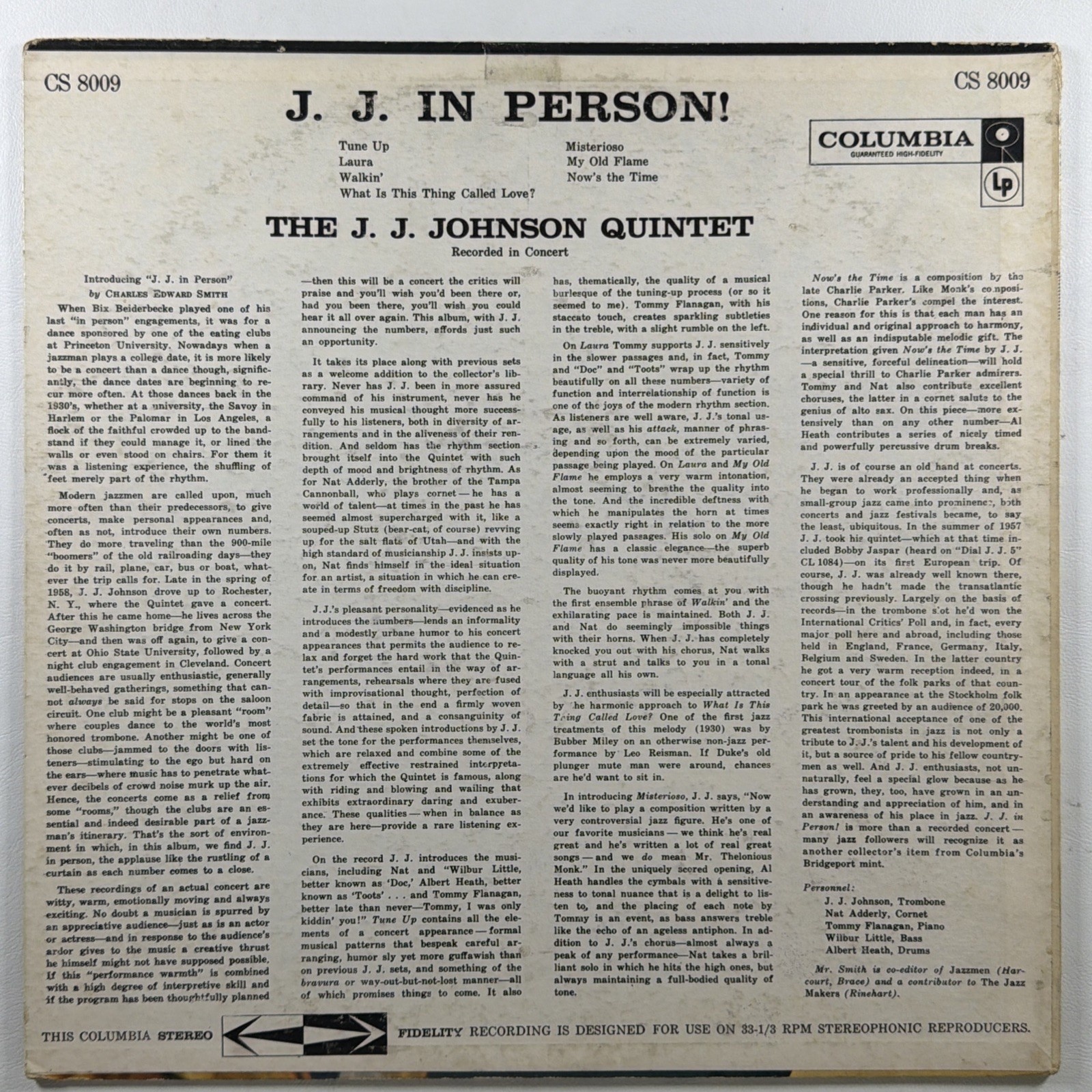 The J.J. Johnson Quintet – JJ In Person! Columbia CS 8009 VG White Promo 6-eye - Image 2