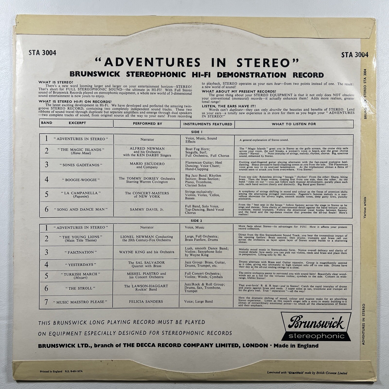 Adventures In Stereo Demonstration Record LP Brunswick STA3004 VG+ UK - Image 2