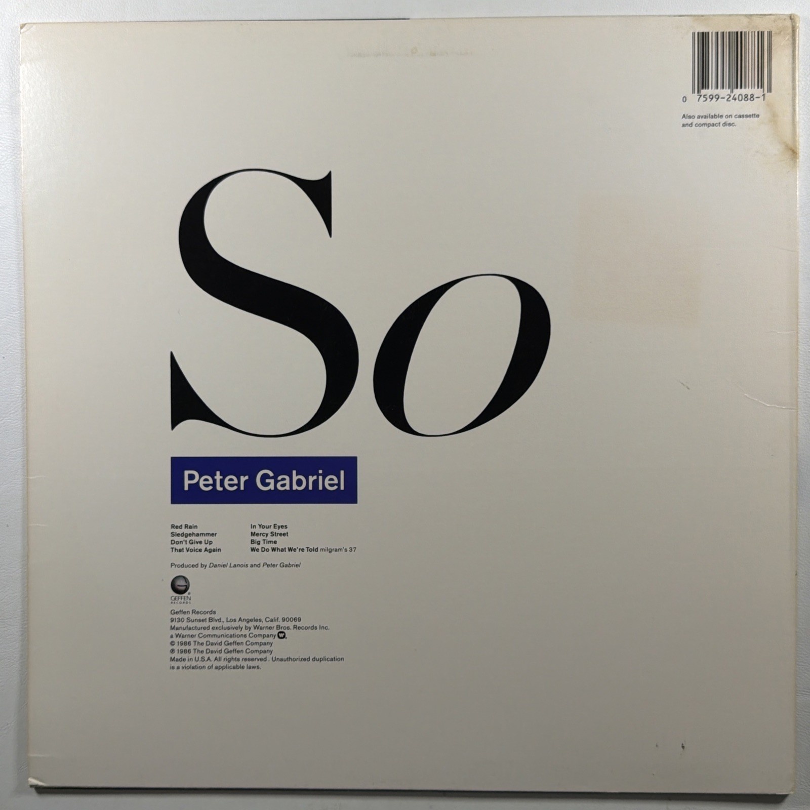Peter Gabriel - So LP Geffen Records GHS 24088 NM Promo 1986 Hype Sticker - Image 2